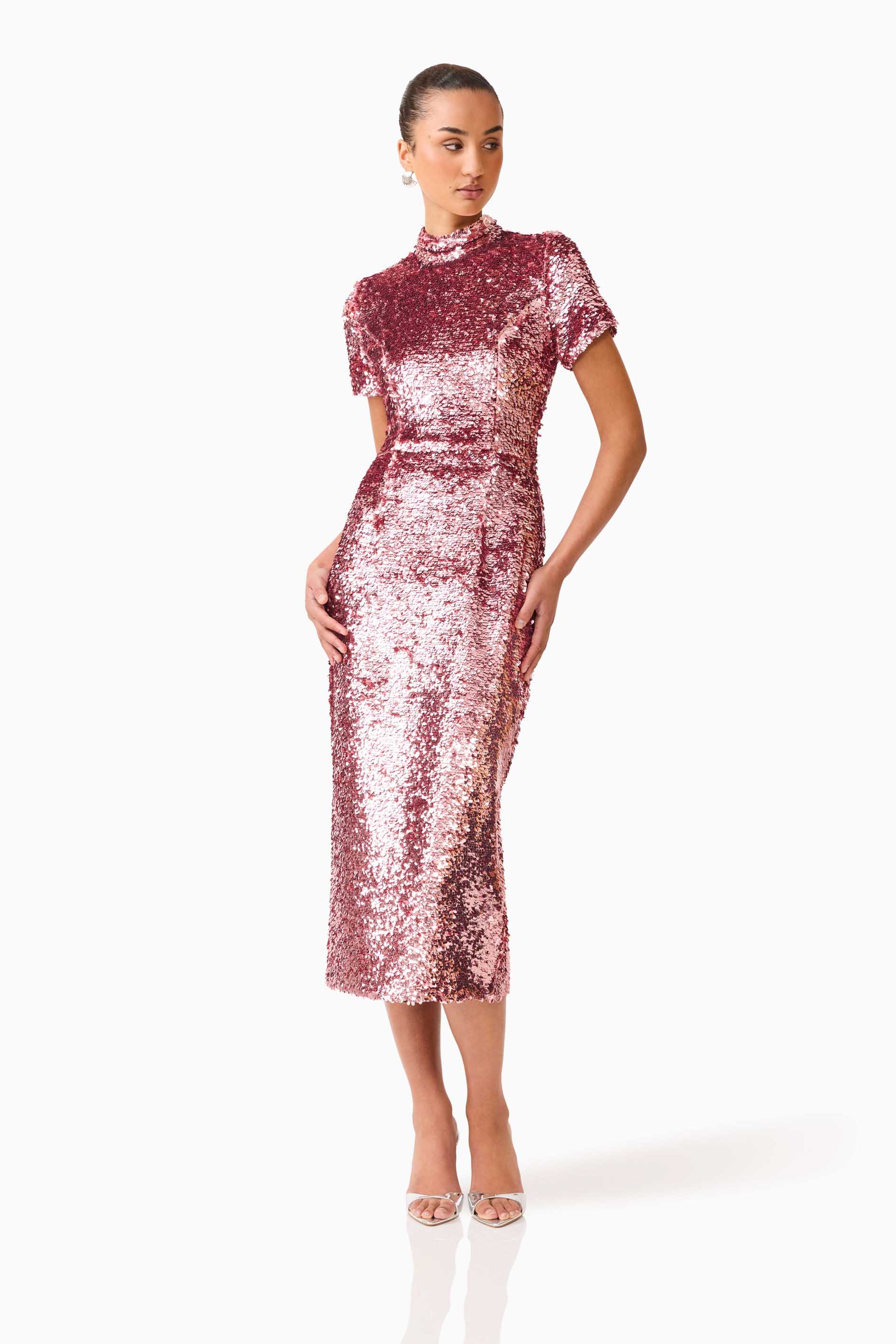 Alissa Sequin Midi Dress in Pink