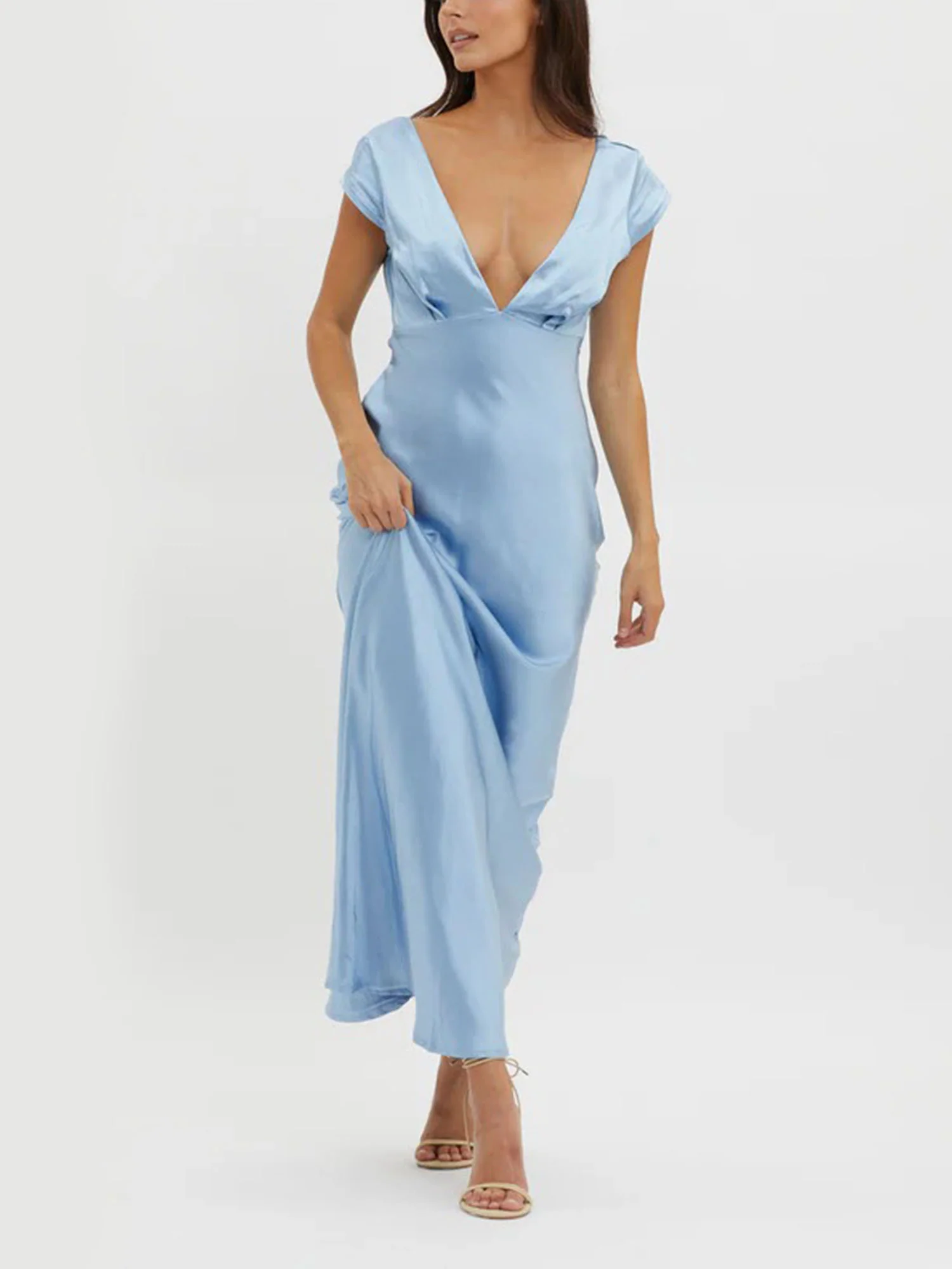 Blue Plunge Neck Maxi Dress