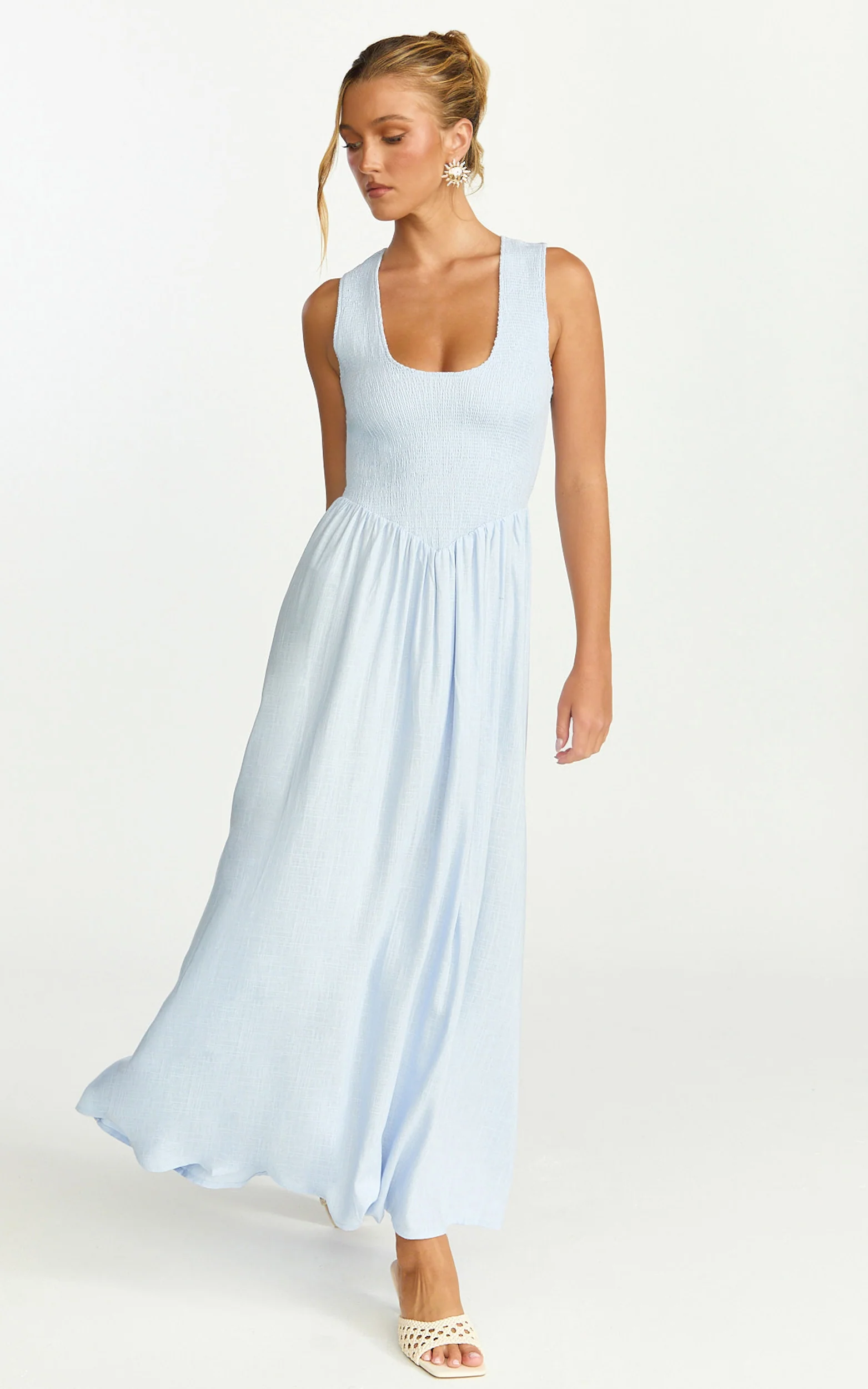 Luciana Maxi Dress - U Neck Smock Dress in Blue