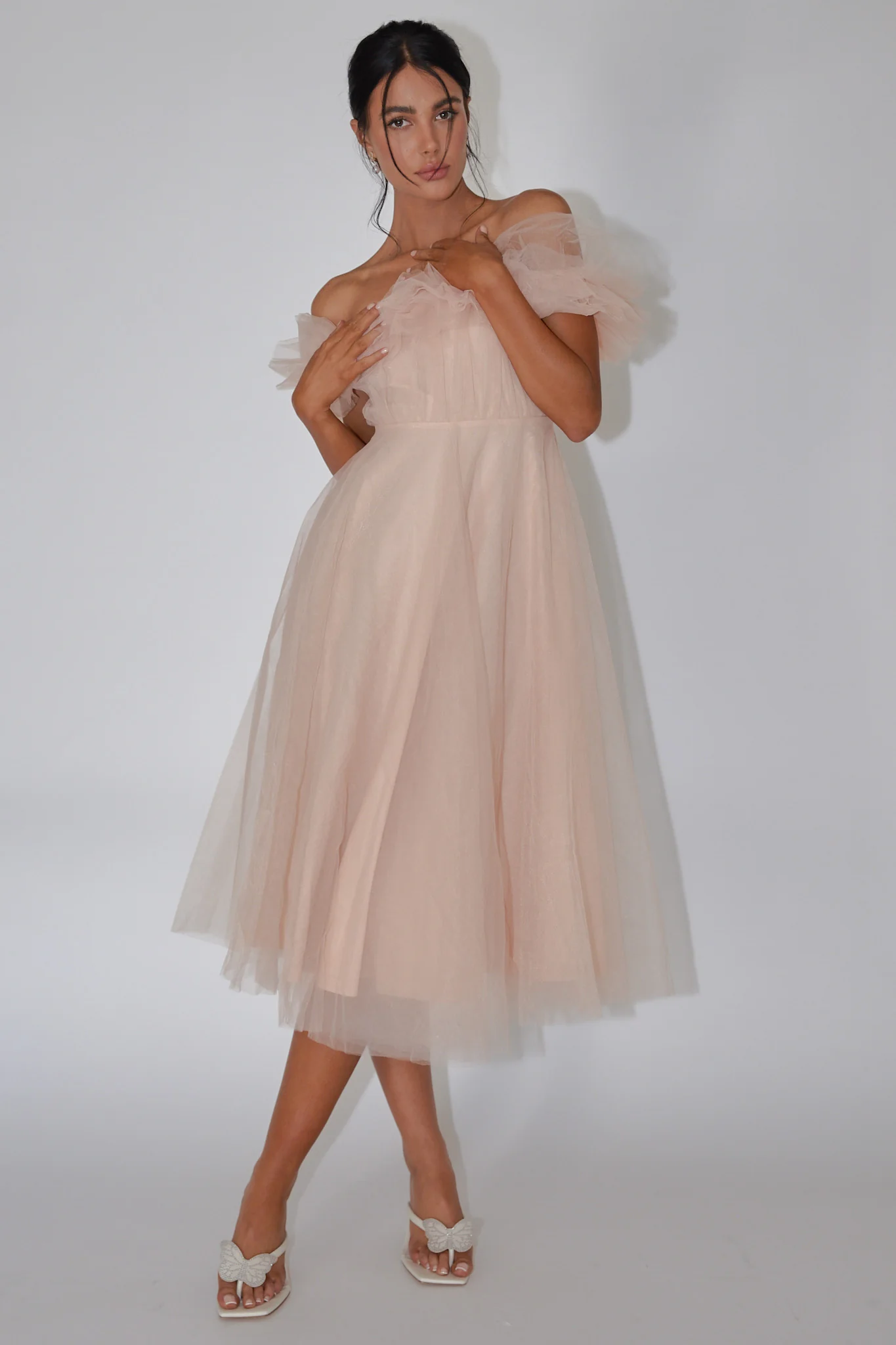 May Rose Off-Shoulder Tulle Midi Dress Taupe
