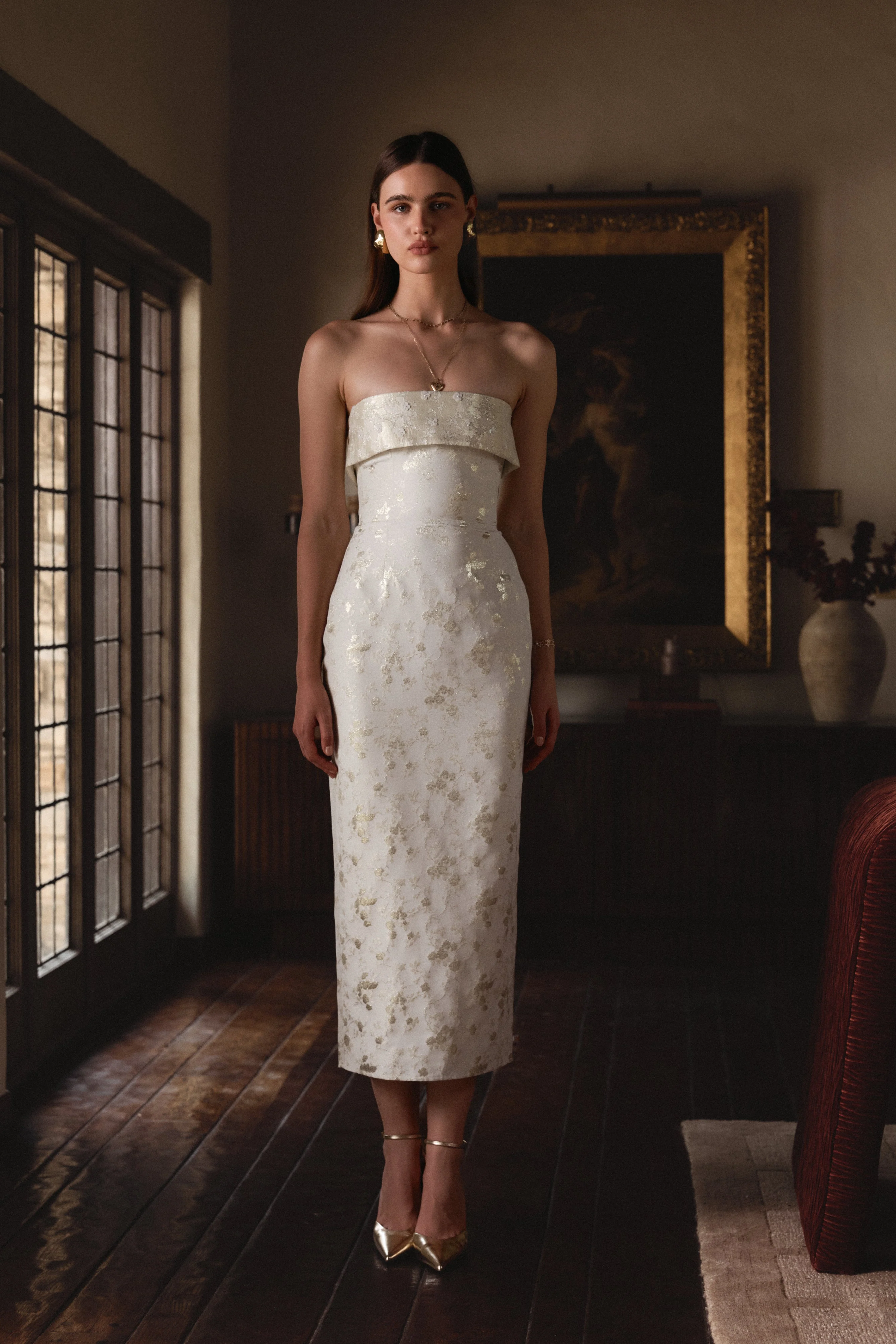 The Kennedy Dress in Champagne Cheverny Brocade