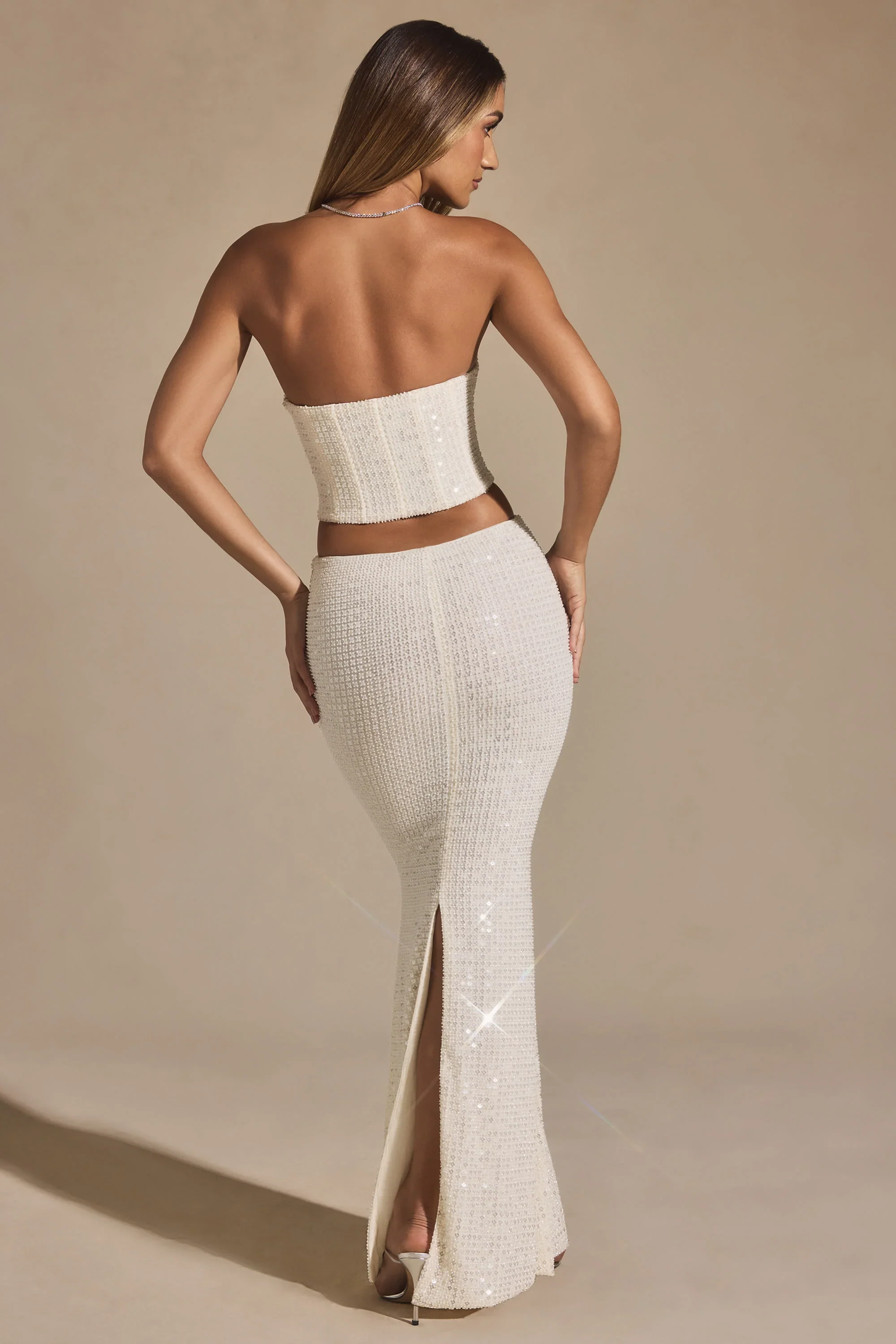 Embellished Cut-Out Draped Corset Gown in White