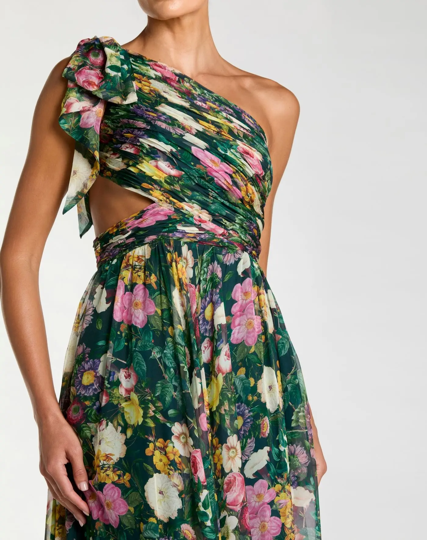Emerald Green One Shoulder Floral Printed Chiffon Side Cut Out Gown