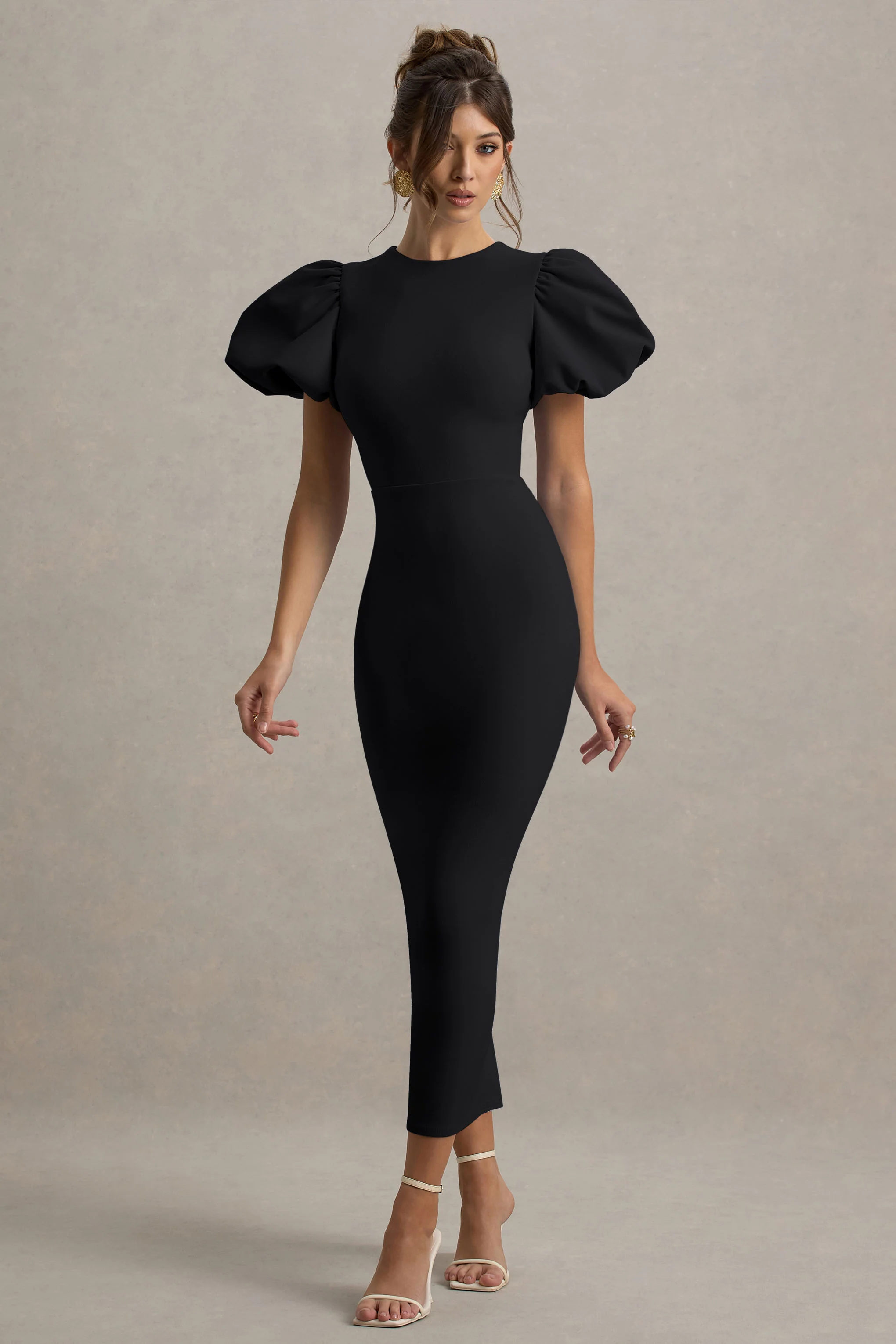 Dakota | Black Puff-Sleeve Midi Dress