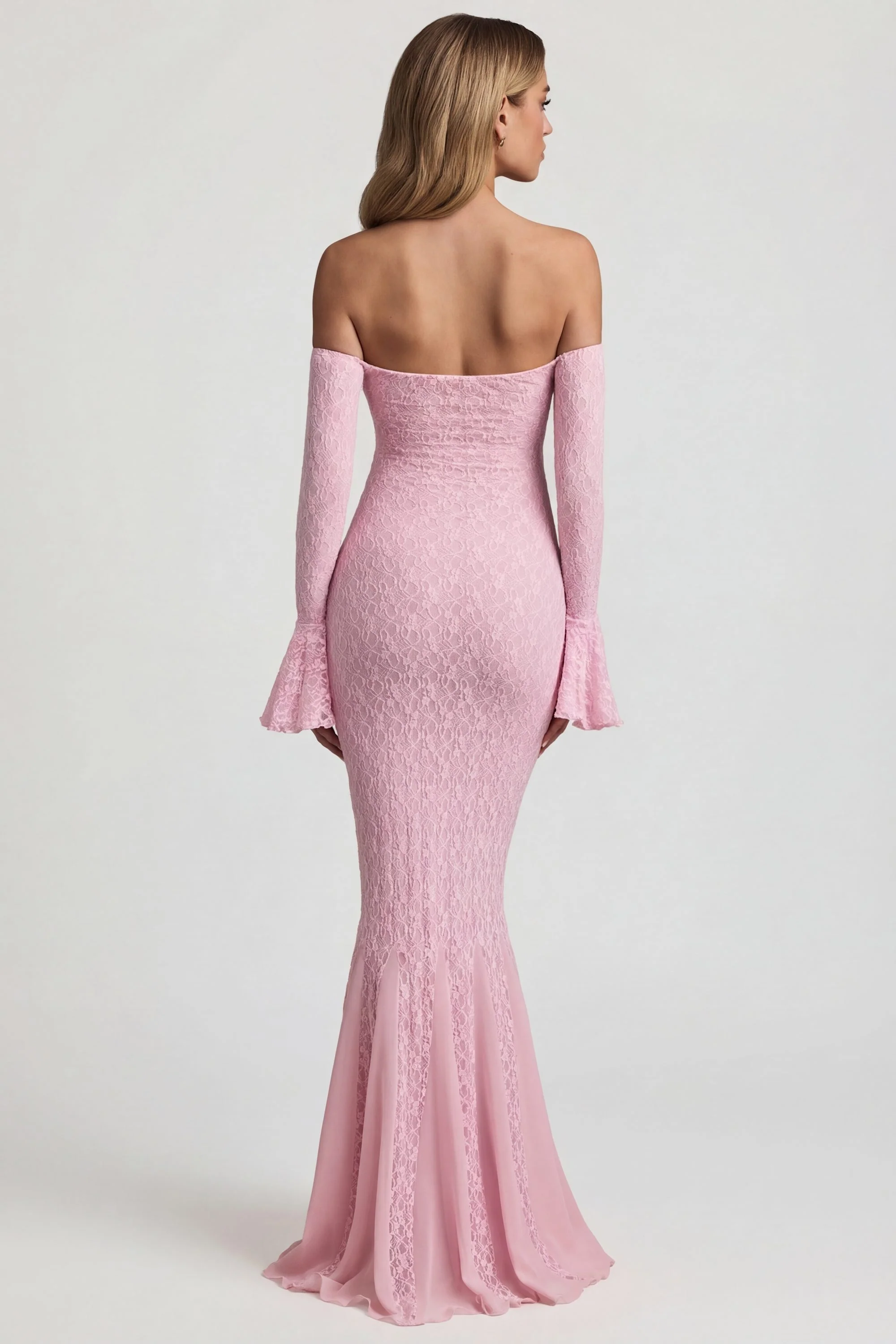 Off-Shoulder Ruffle Lace Maxi Dress in Soft Pink