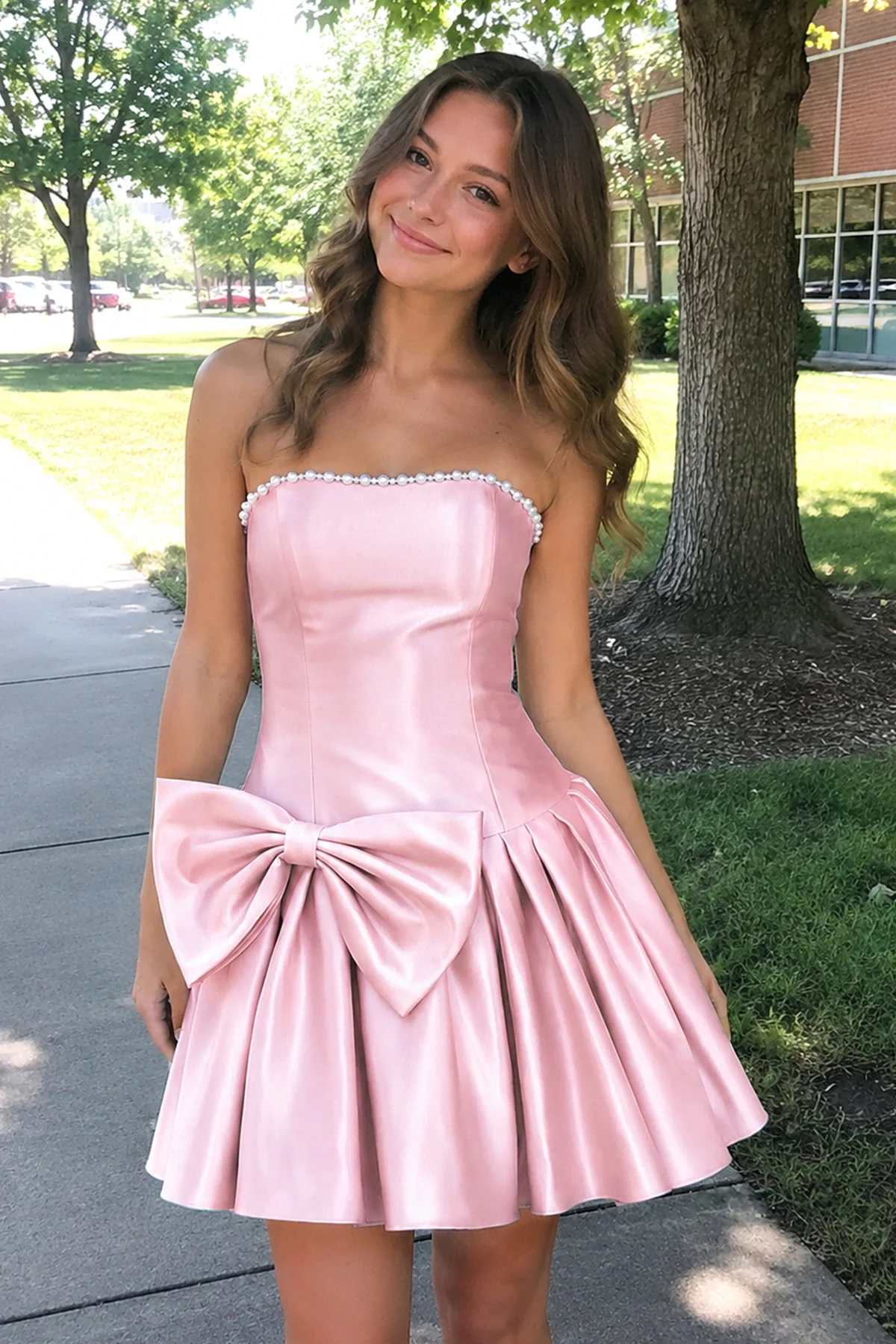 Aqua Strapless A-Line Satin Ruched Bow Homecoming Dress With Pearl
