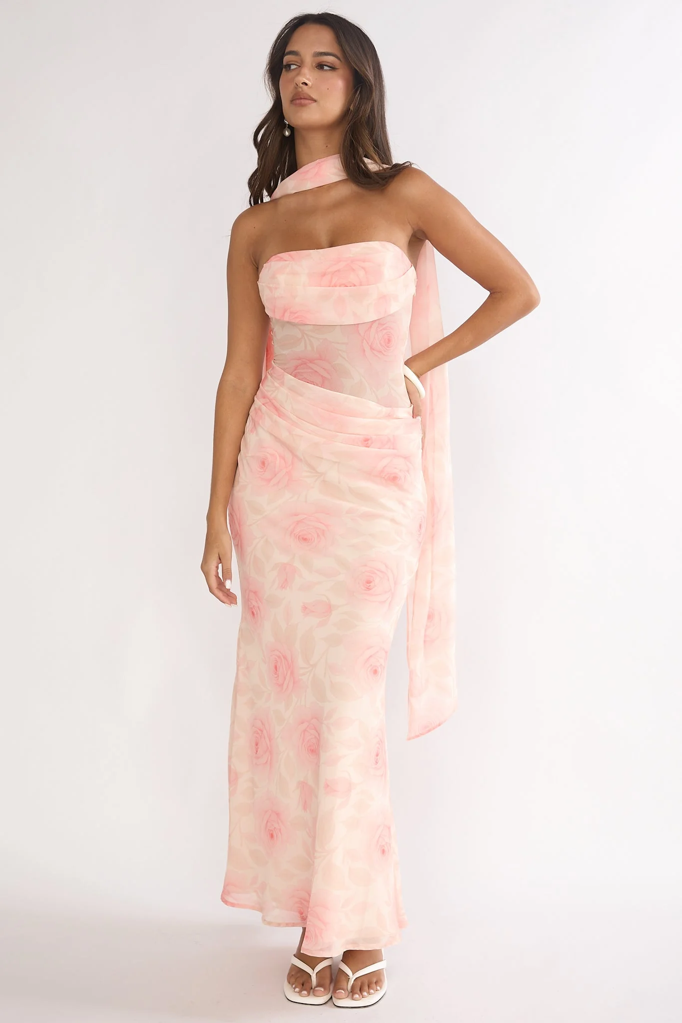 Unforgettable Day Drape Waist Strapless Maxi Dress Roses Floral
