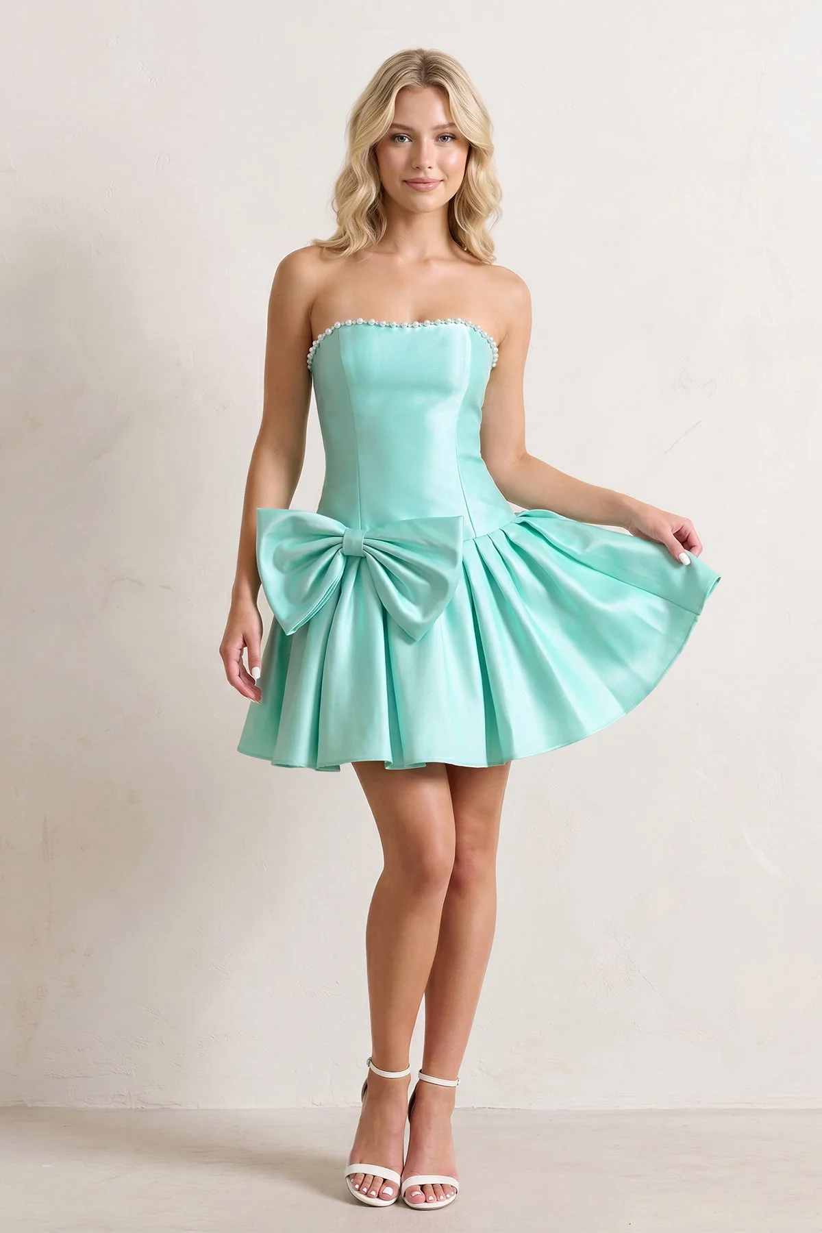Aqua Strapless A-Line Satin Ruched Bow Homecoming Dress With Pearl