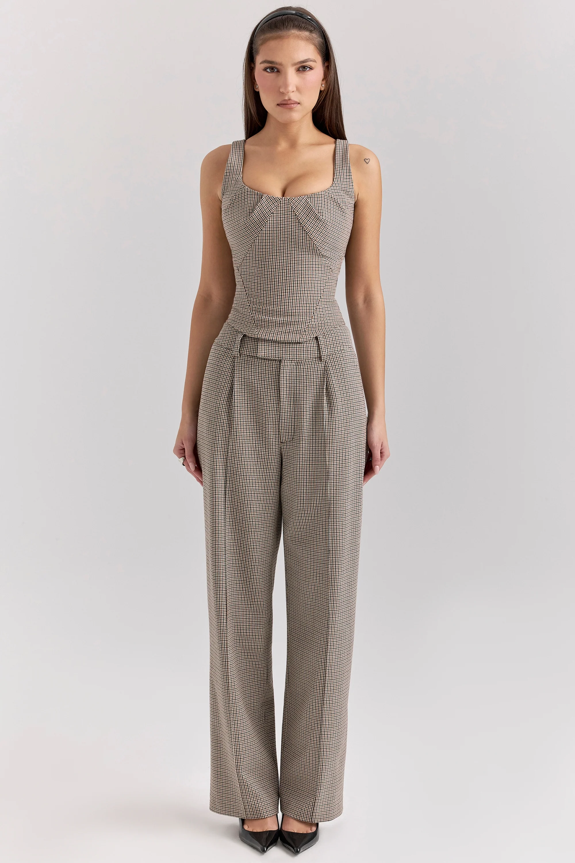 Brown Puppytooth Wide Leg High Waist Tailored Trousers