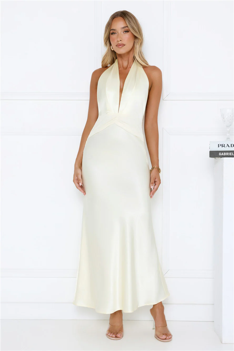 Twilight Charm Satin Halter Maxi Dress Yellow