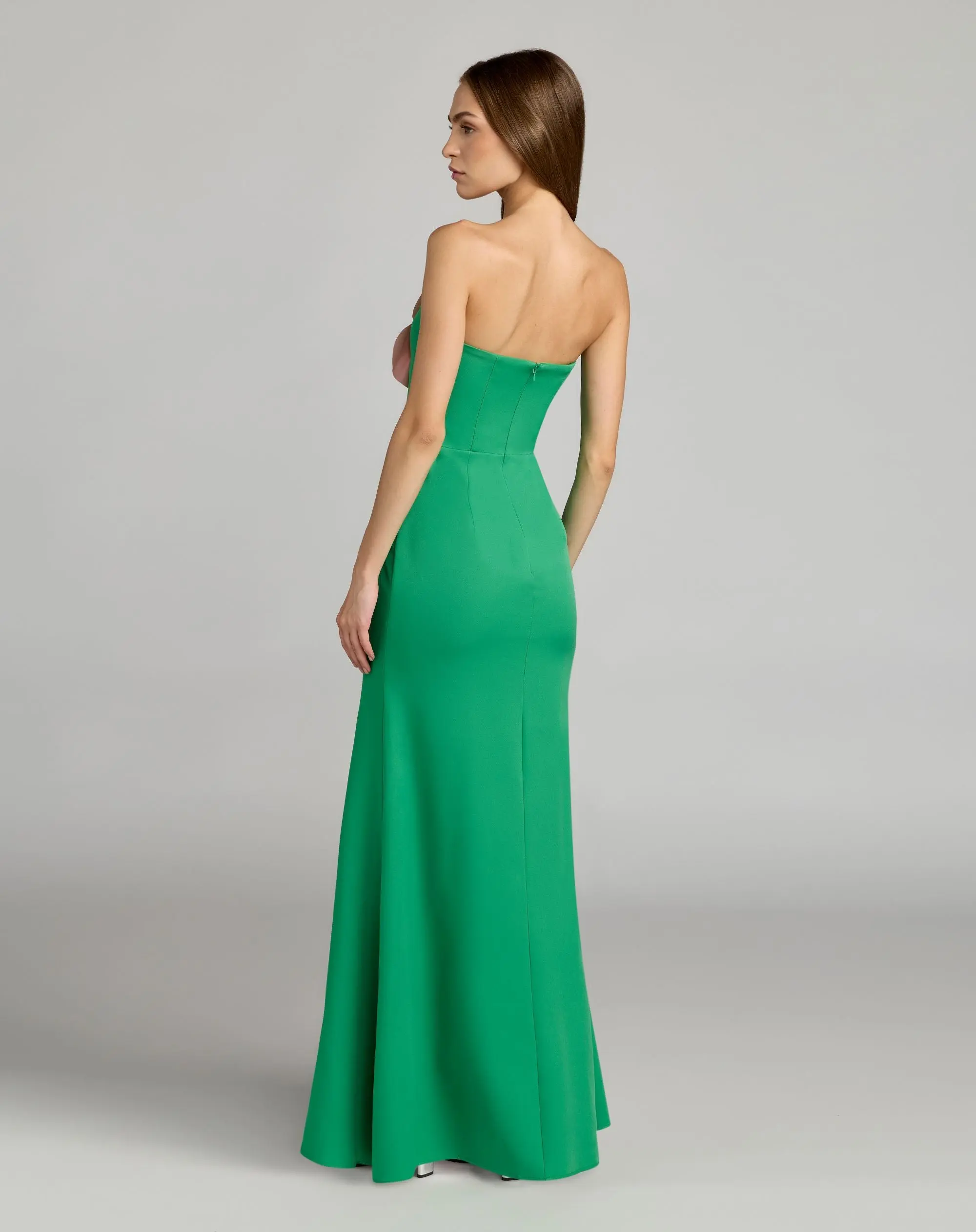 Green Strapless Crepe Gown With 3D Flower