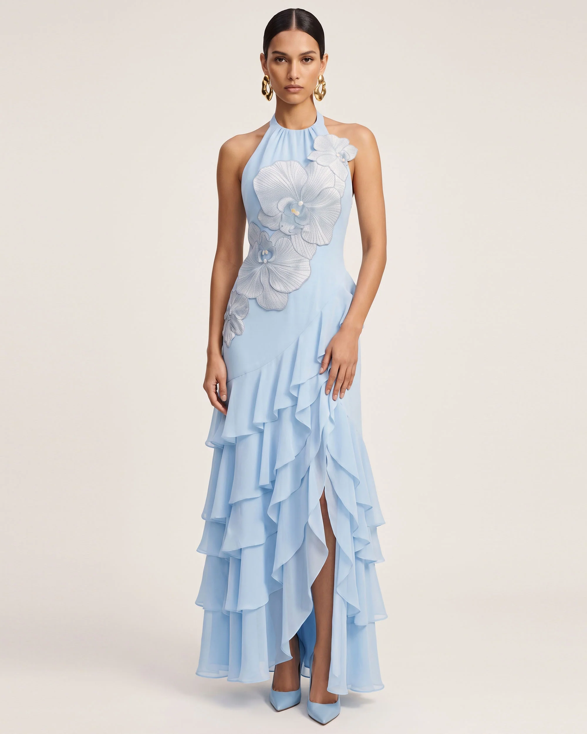 Orchid Embroidered Halter Asymmetric Ruffle Maxi Dress - Light Blue
