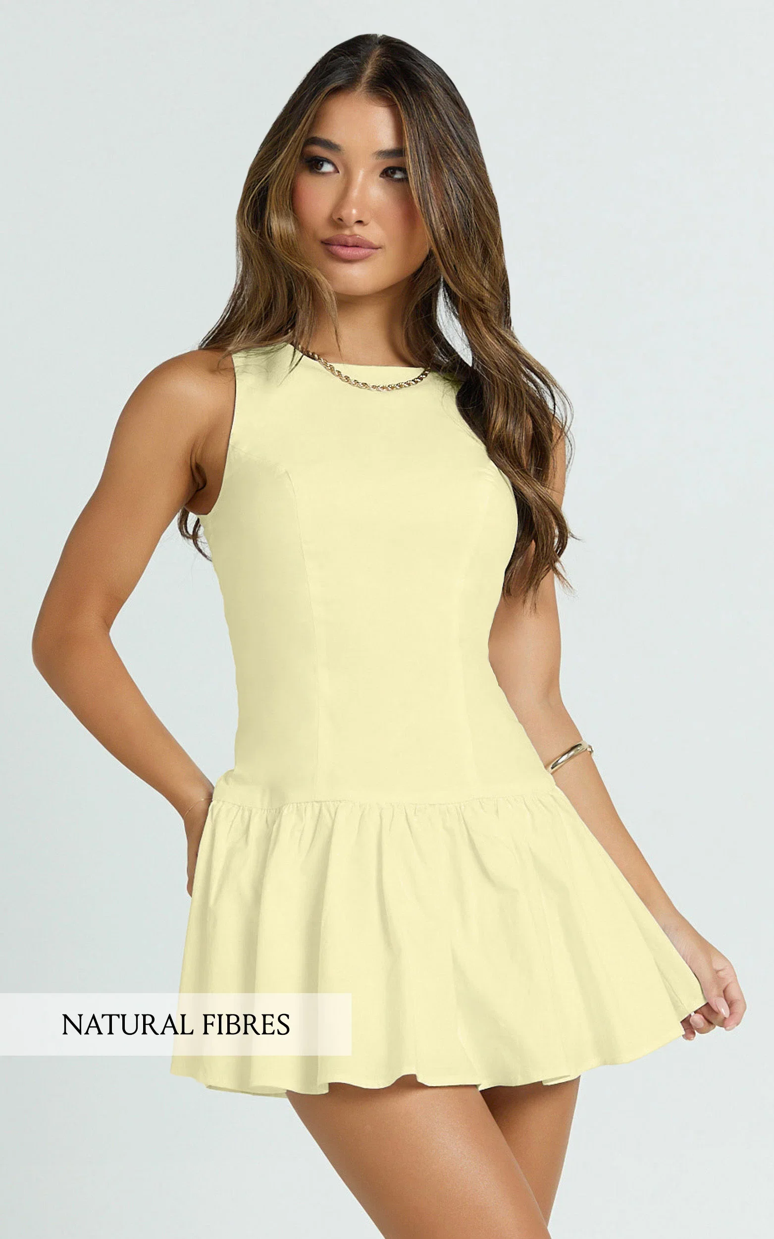 Izira Mini Dress - Boat Neck Drop Waist Shift Dress in Butter Yellow