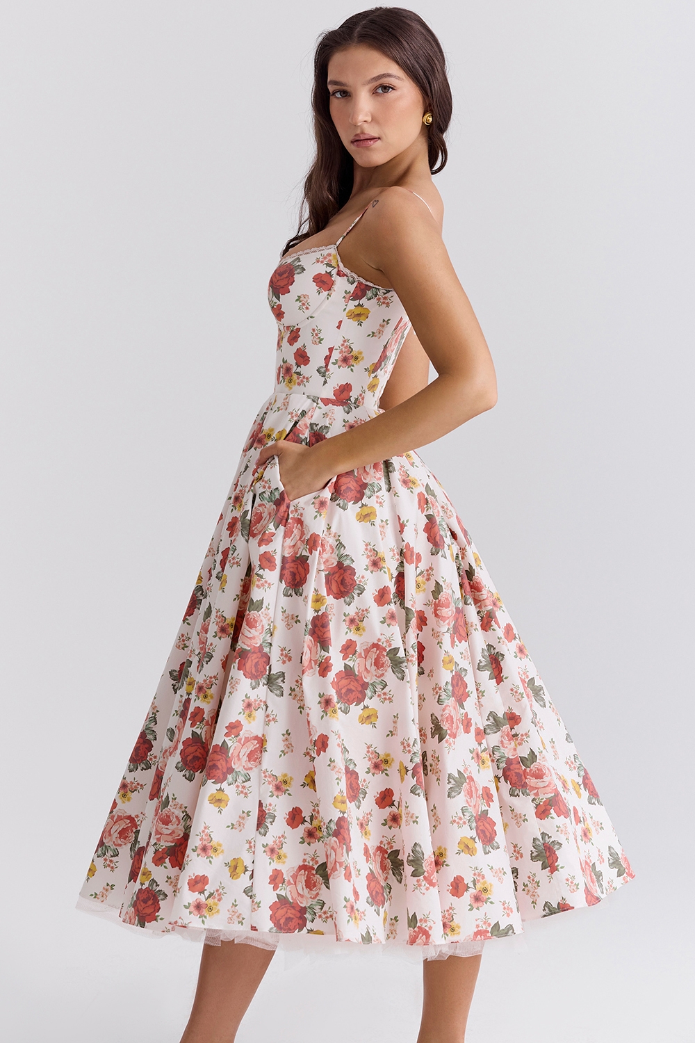 italian rose print tulle midi dress