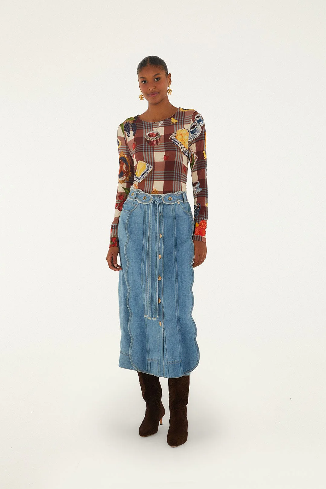 Denim Buttoned Belted Wavy Midi Skirt