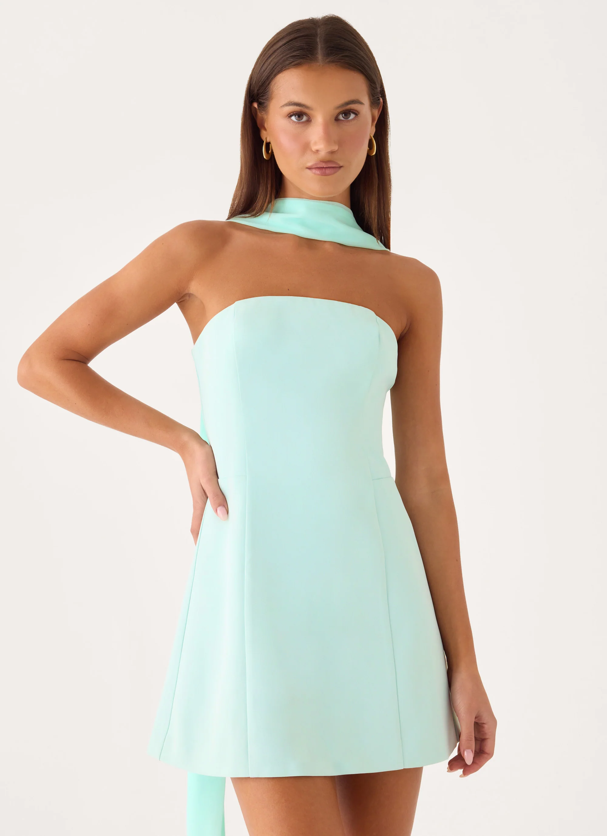 Strapless Mini Dress with Matching Neck Scarf in Mint Green