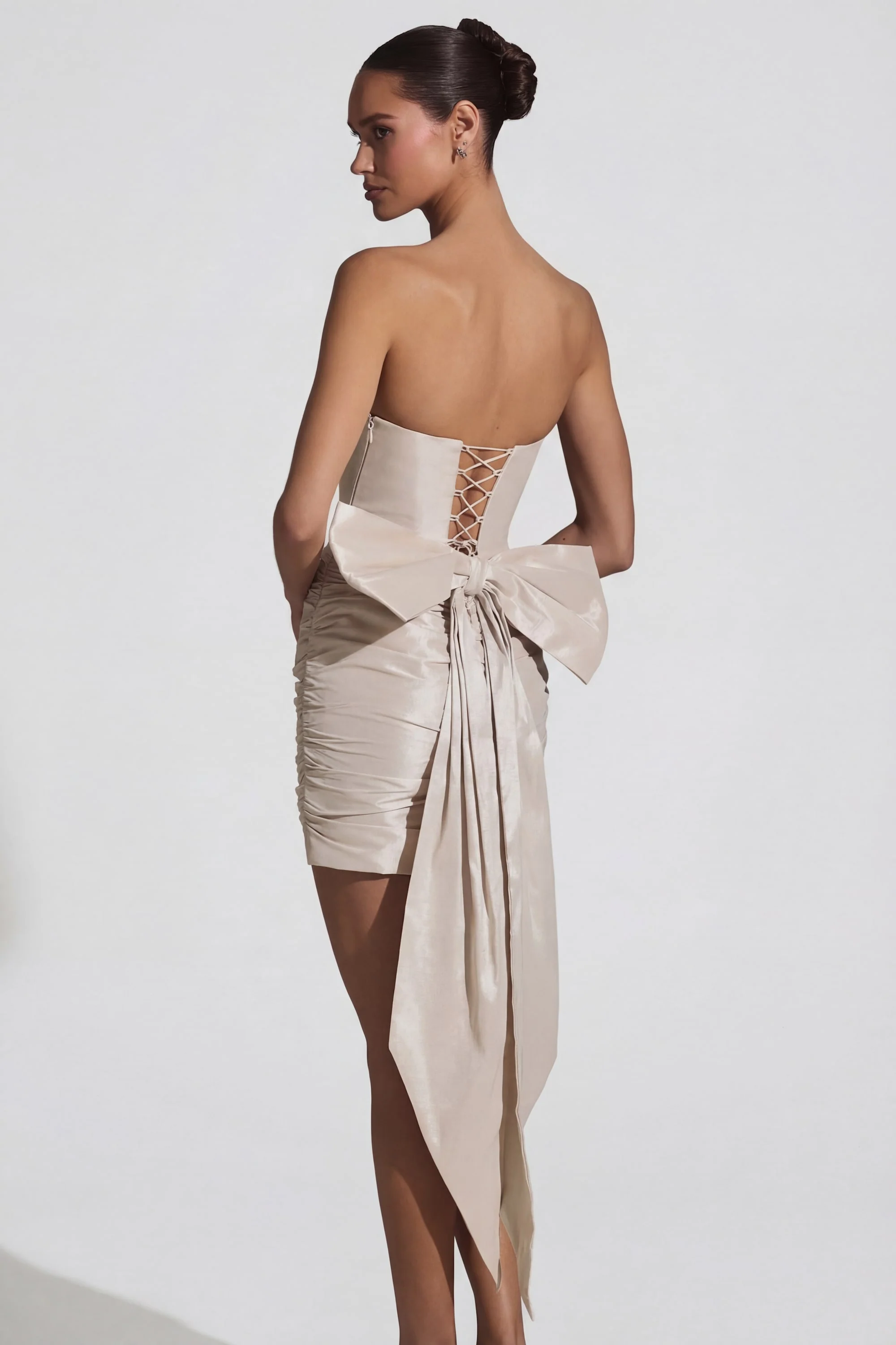 Satin Bow-Detail Strapless Mini Dress in Ivory