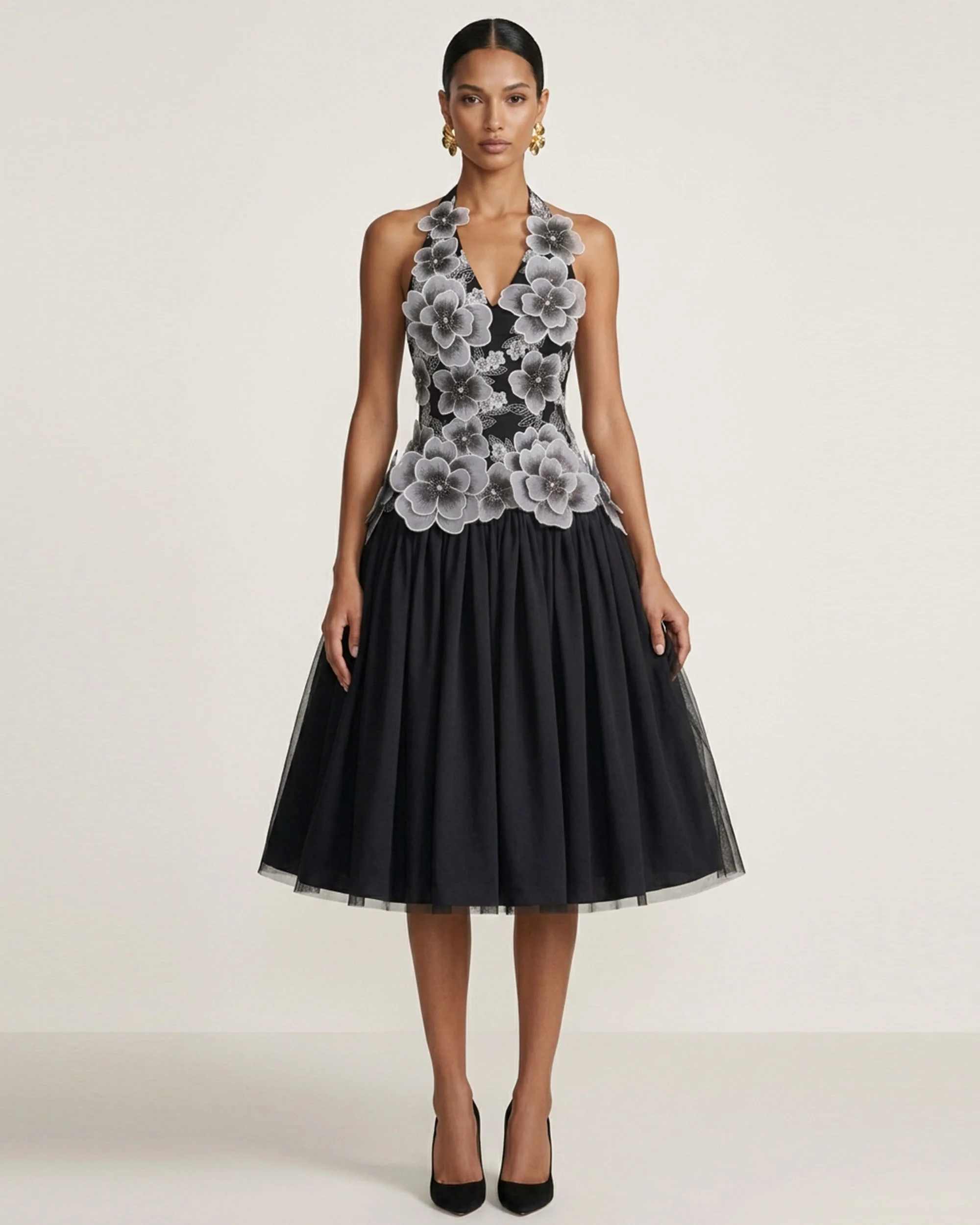 Floral Embroidered Fit-and-Flare Midi Dress - Black