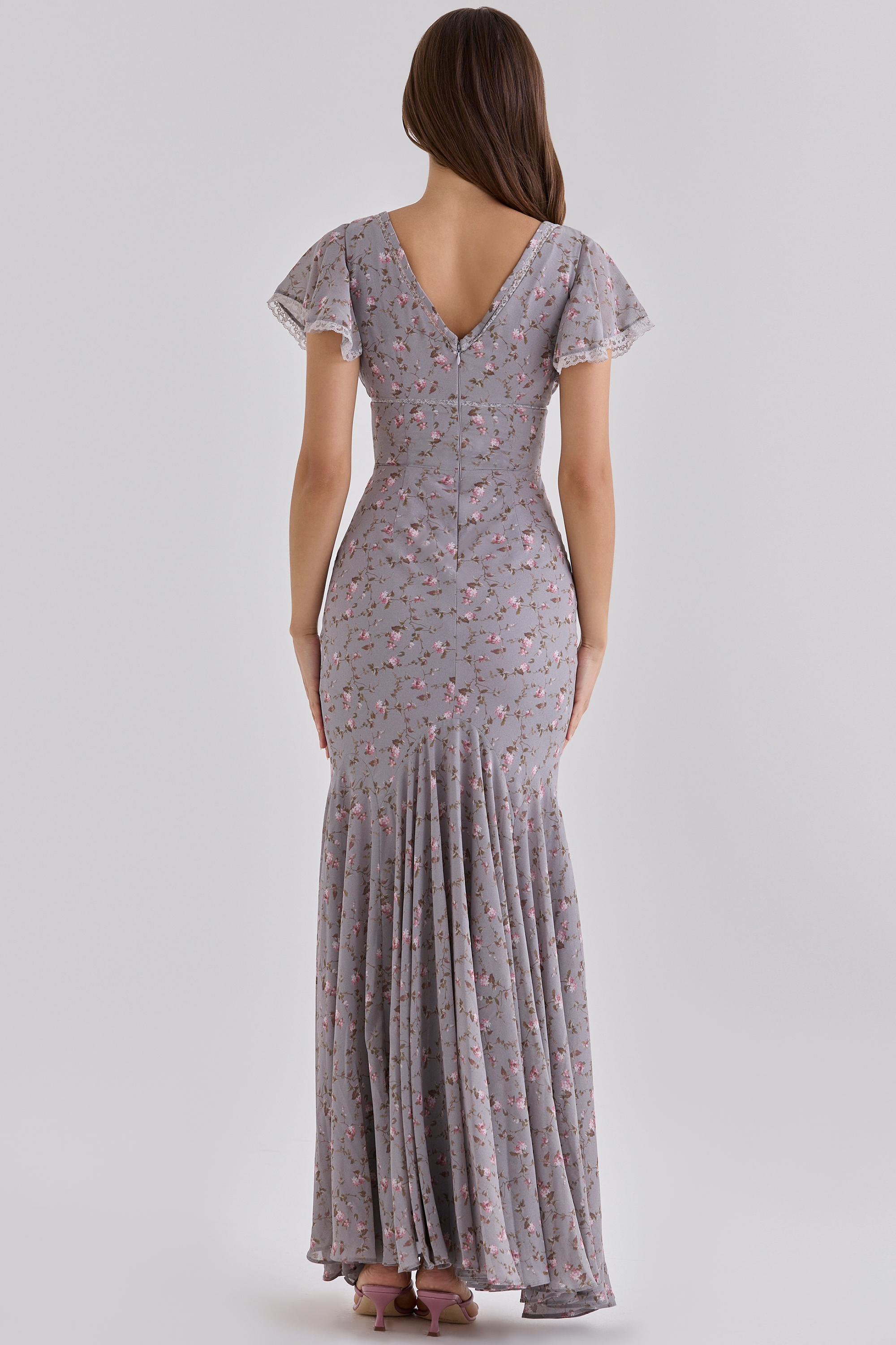 Lilac Vintage Floral Print Georgette Maxi Tea Dress