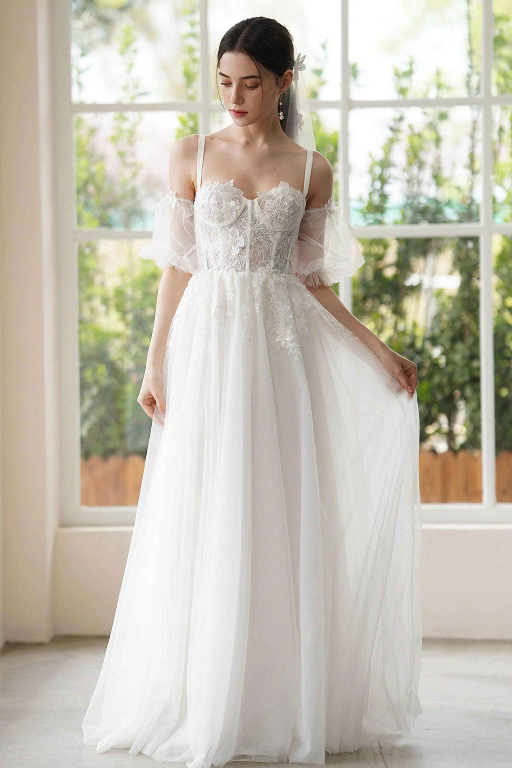 A-Line Sweep-Brush Train Lace Tulle Wedding Dress CW3307