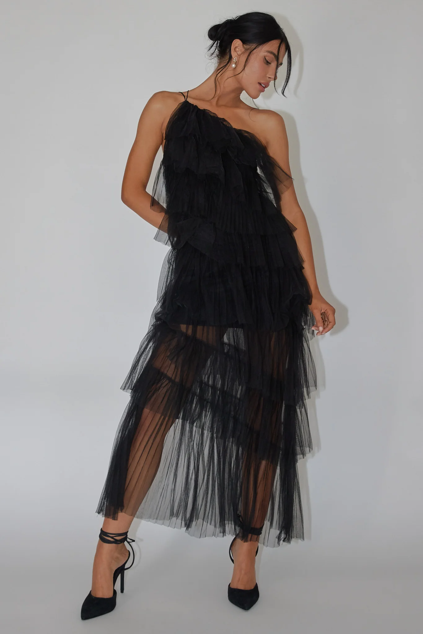 Arrabel Tiered Ruffle Tulle Maxi Dress Black - luluinthesky