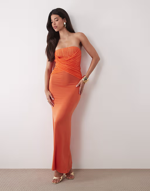 plissé contrast twisted strapless maxi dress in orange