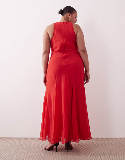 Curve racer neck bias maxi dress with godet hem in red