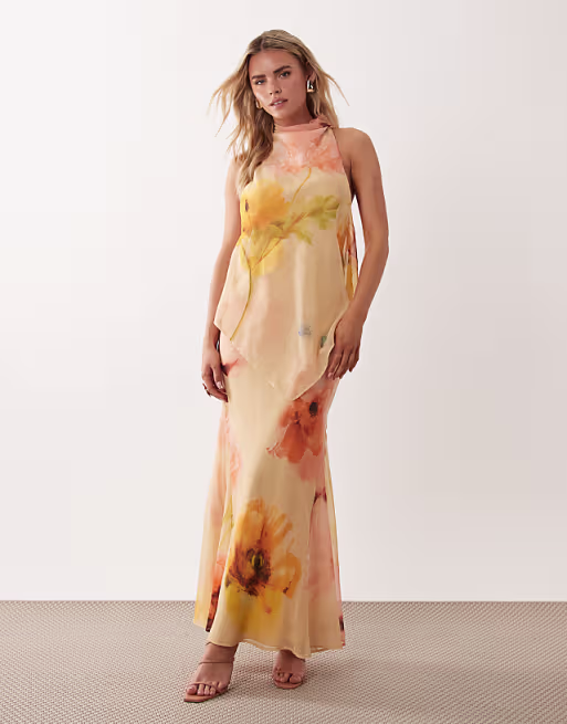 Petite chiffon high neck double layer maxi dress in orange floral print