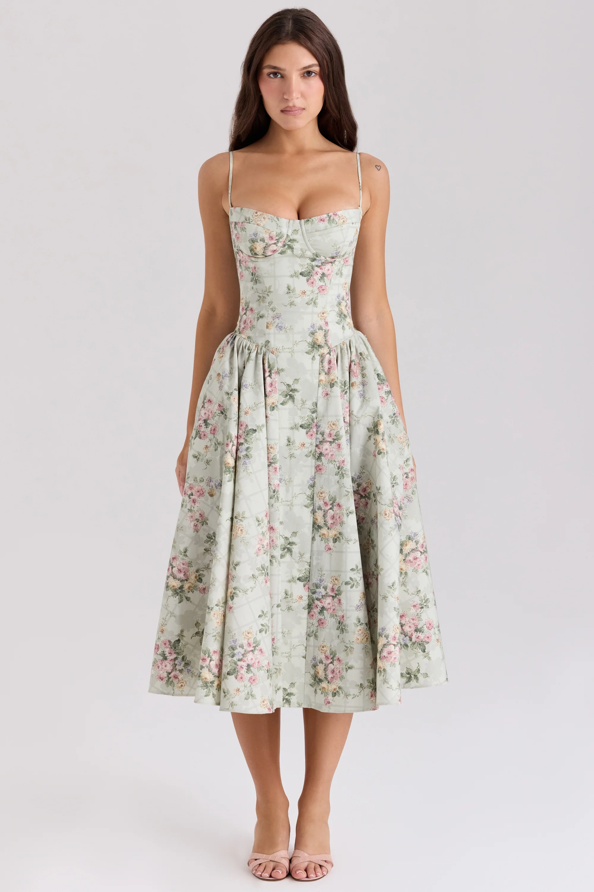 Sage Floral Print Cotton Midi Dress