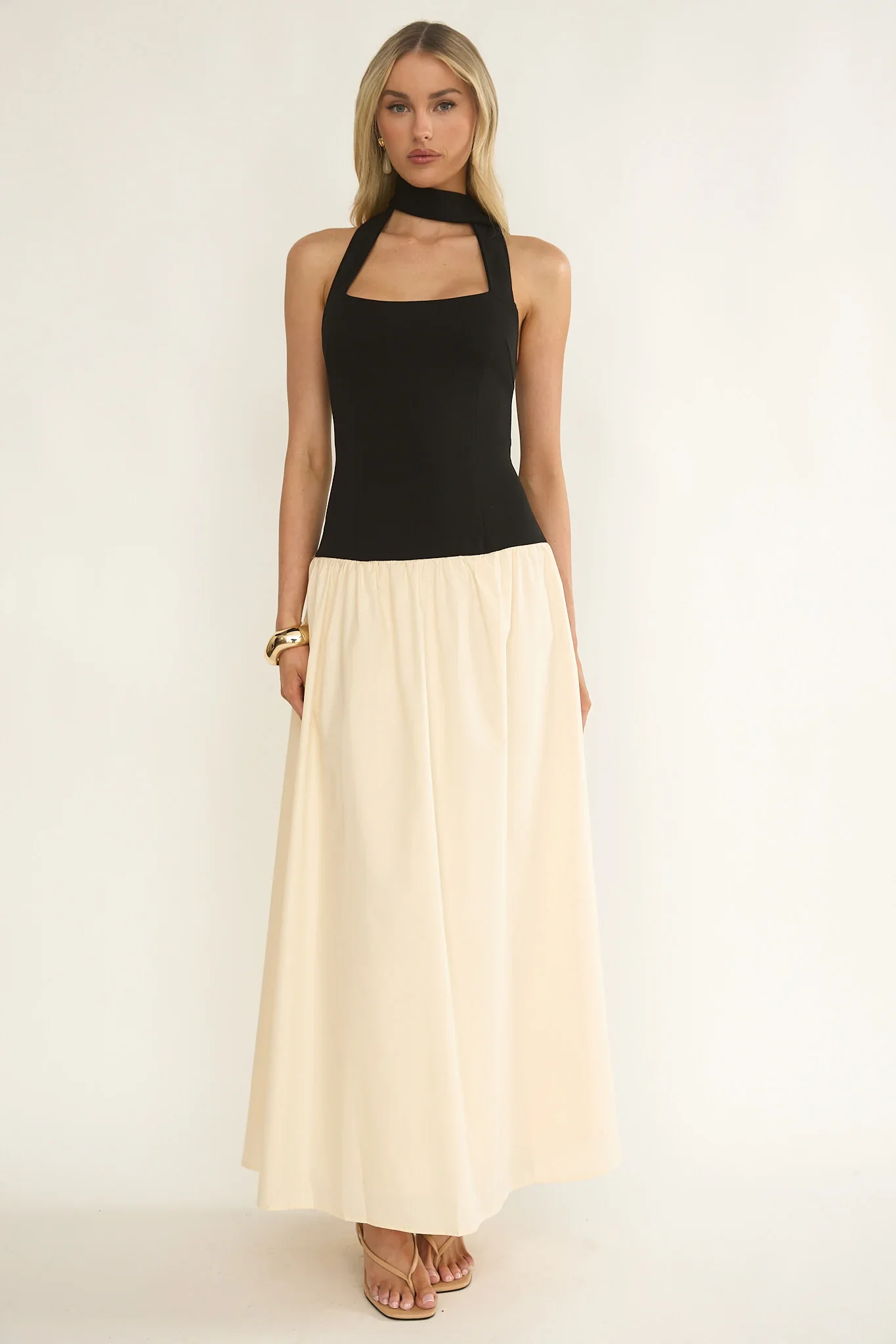 Elery Drop Waist Halter Maxi Dress Black/Cream