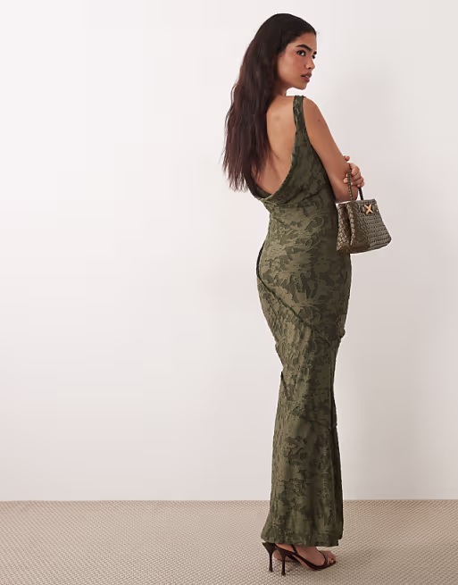 raw seam cowl back devore maxi dress in green