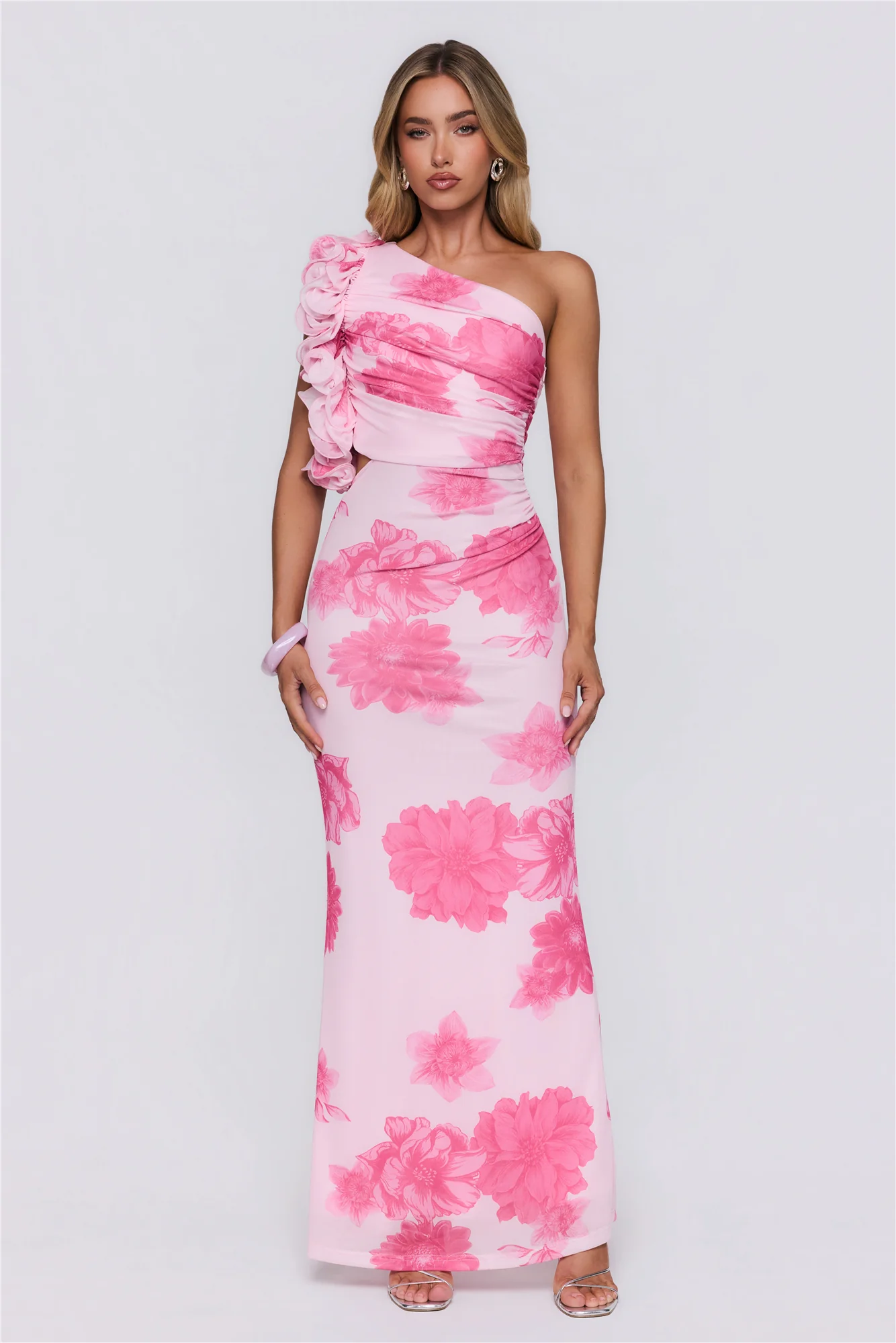 Dream Petals One Shoulder Maxi Dress Pink