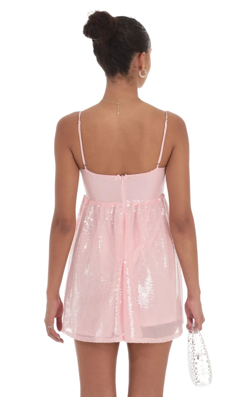 Sequin Front Bow Babydoll Dress in Pink