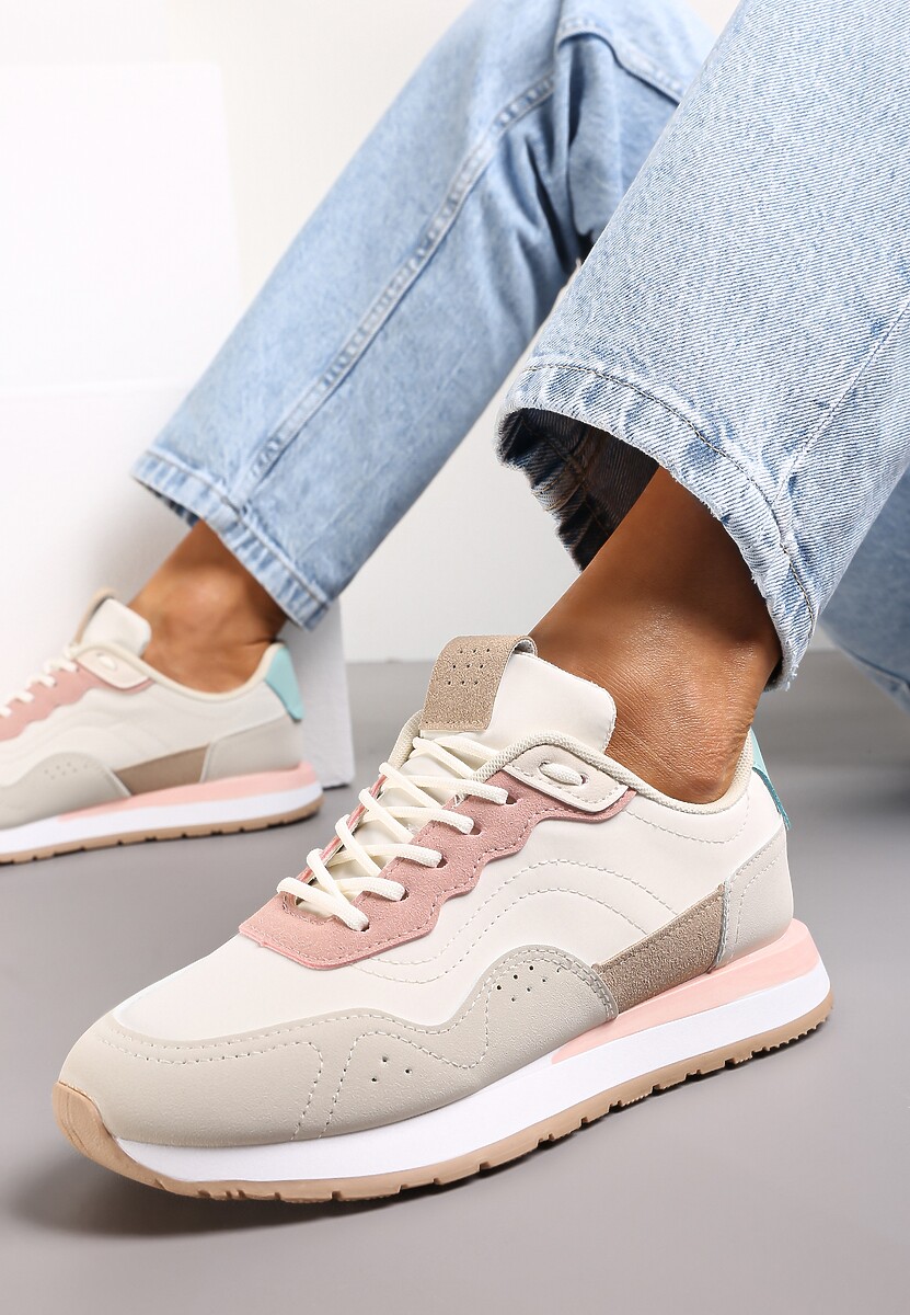 Biało-Różowe Sneakersy Zdobione Wstawkami z Imitacji Skóry Fayela
