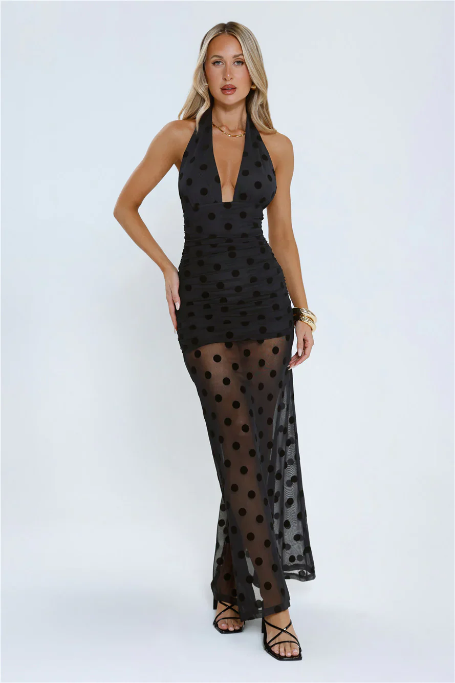 Hot Right Now Polka Dot Maxi Dress Black - luluinthesky