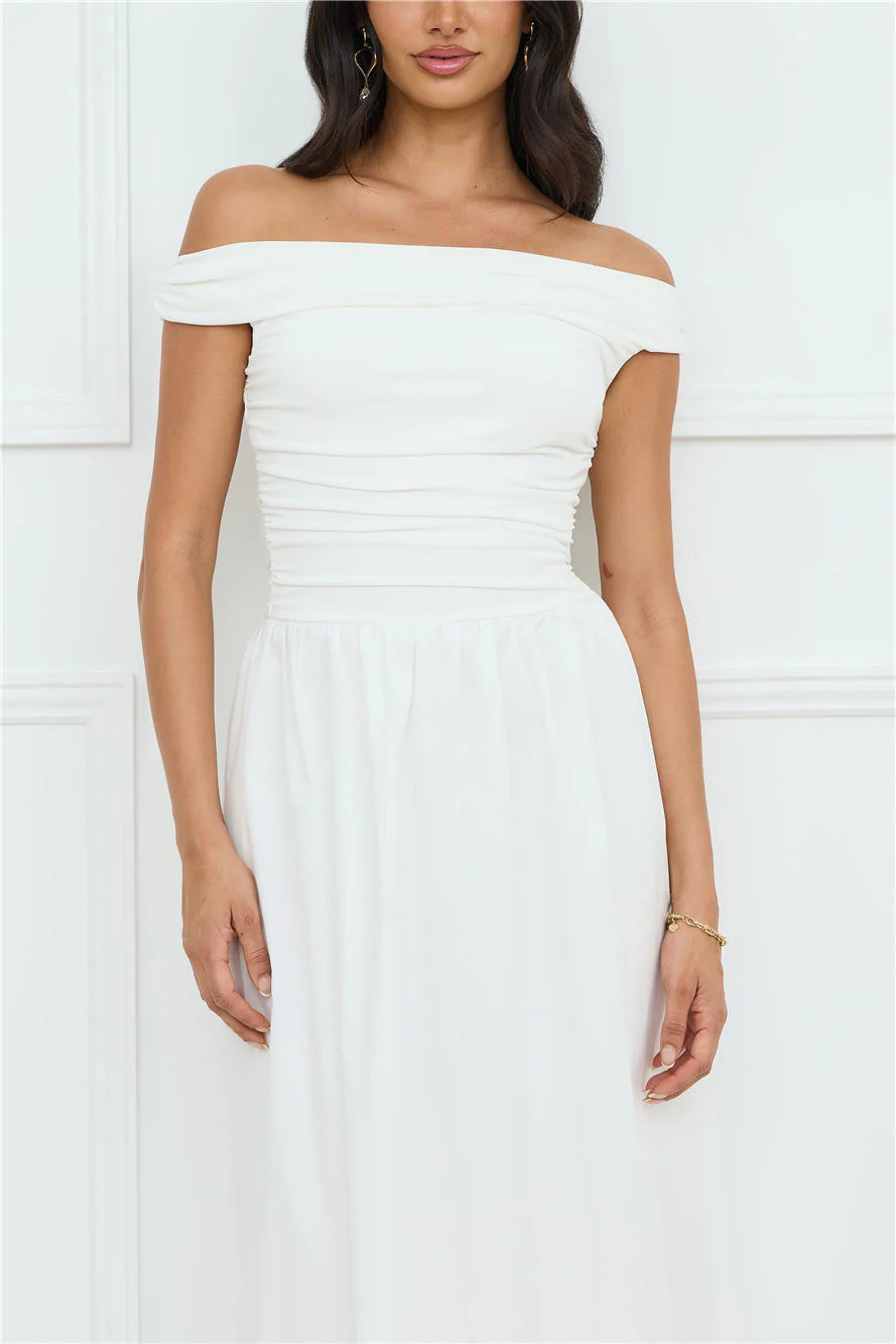 Camellia Charm Off Shoulder Maxi Dress White - luluinthesky