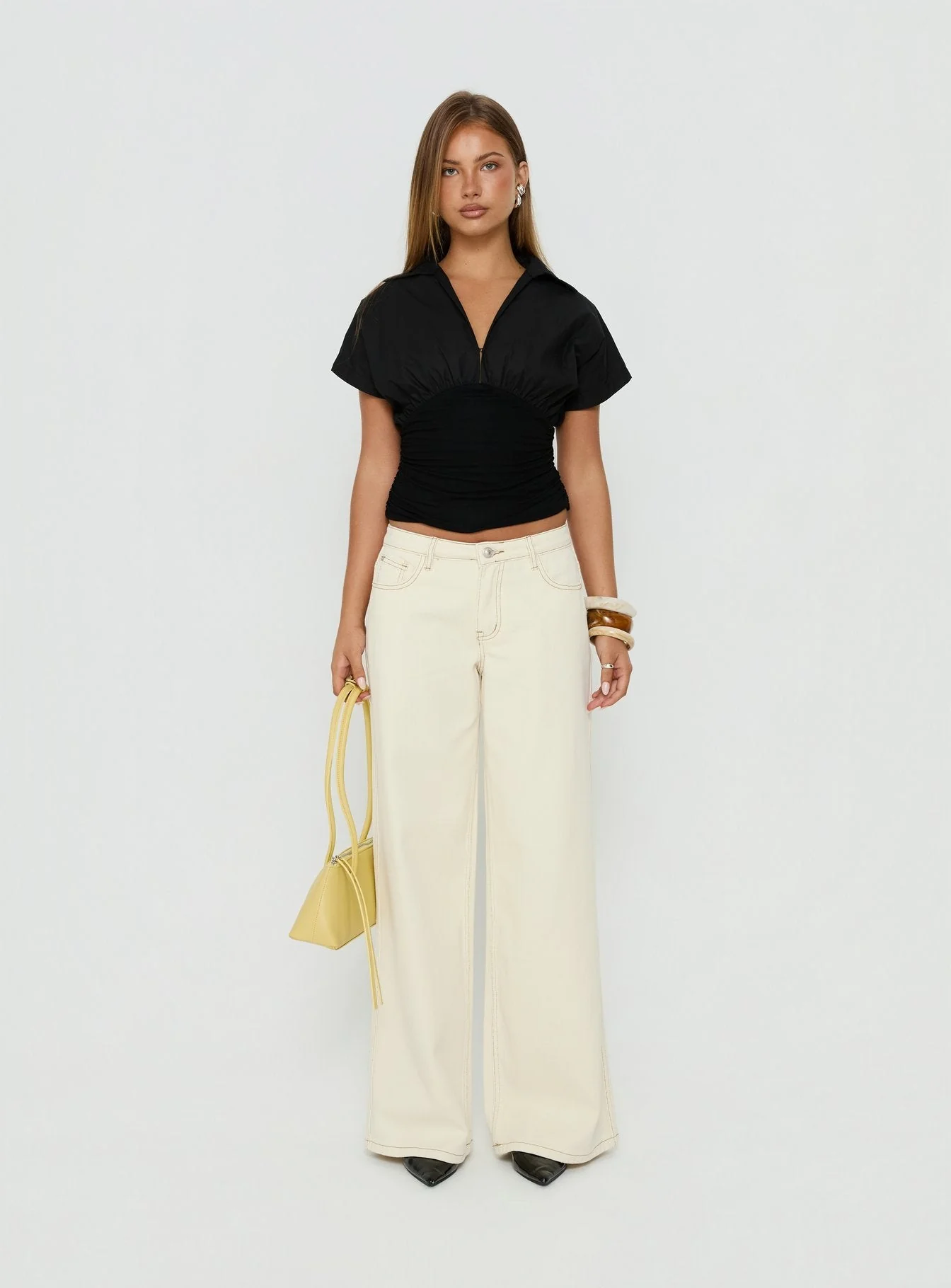 Ramos Low Rise Wide Leg Jeans Cream