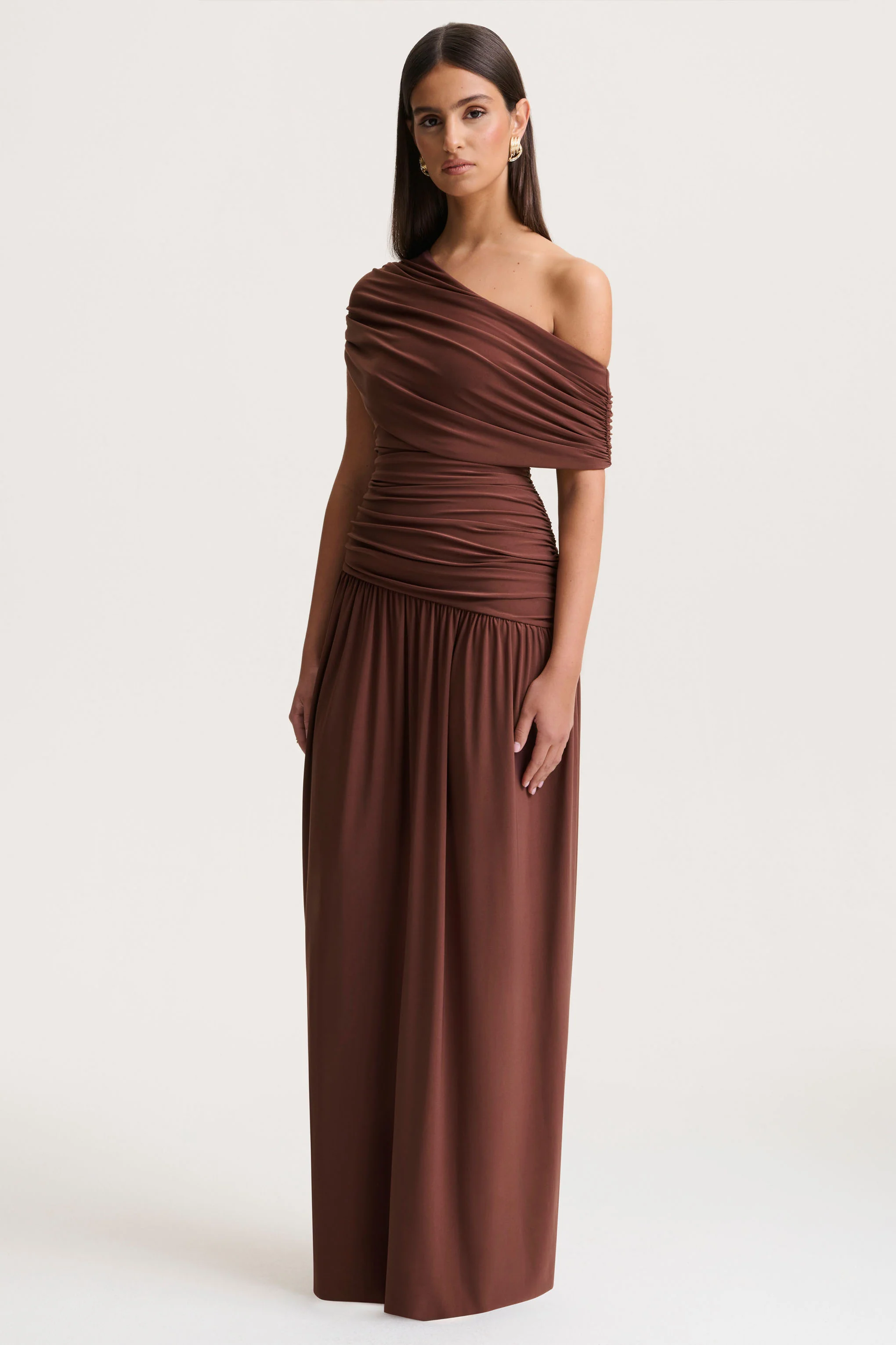 Emberly | Brown Draped Asymmetric-Neck Maxi Dress With Drop-Waist