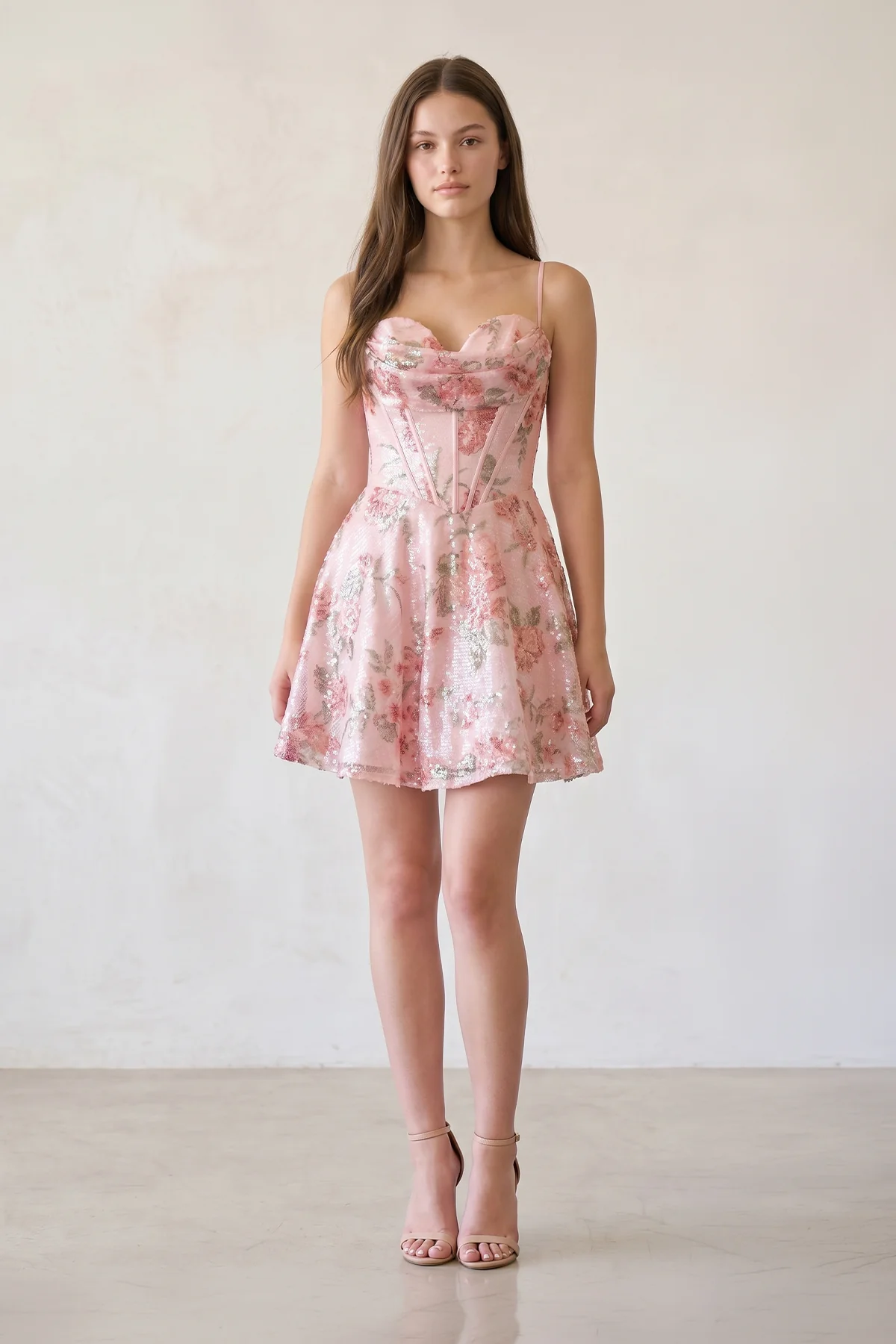 Pink - A Line Short Floral Cowl Neckline Corset Homecoming Dresses