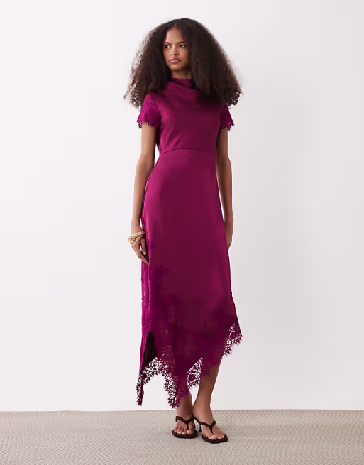 Vero Moda cap sleeve lace skirt detail satin maxi dress in purple