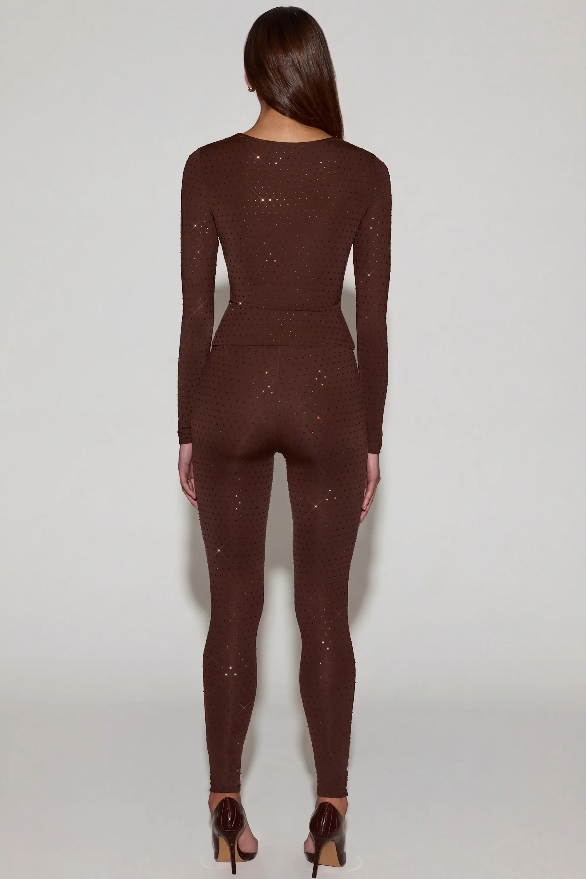 Embellished Jersey High-Waisted Leggings in Chocolate Brown