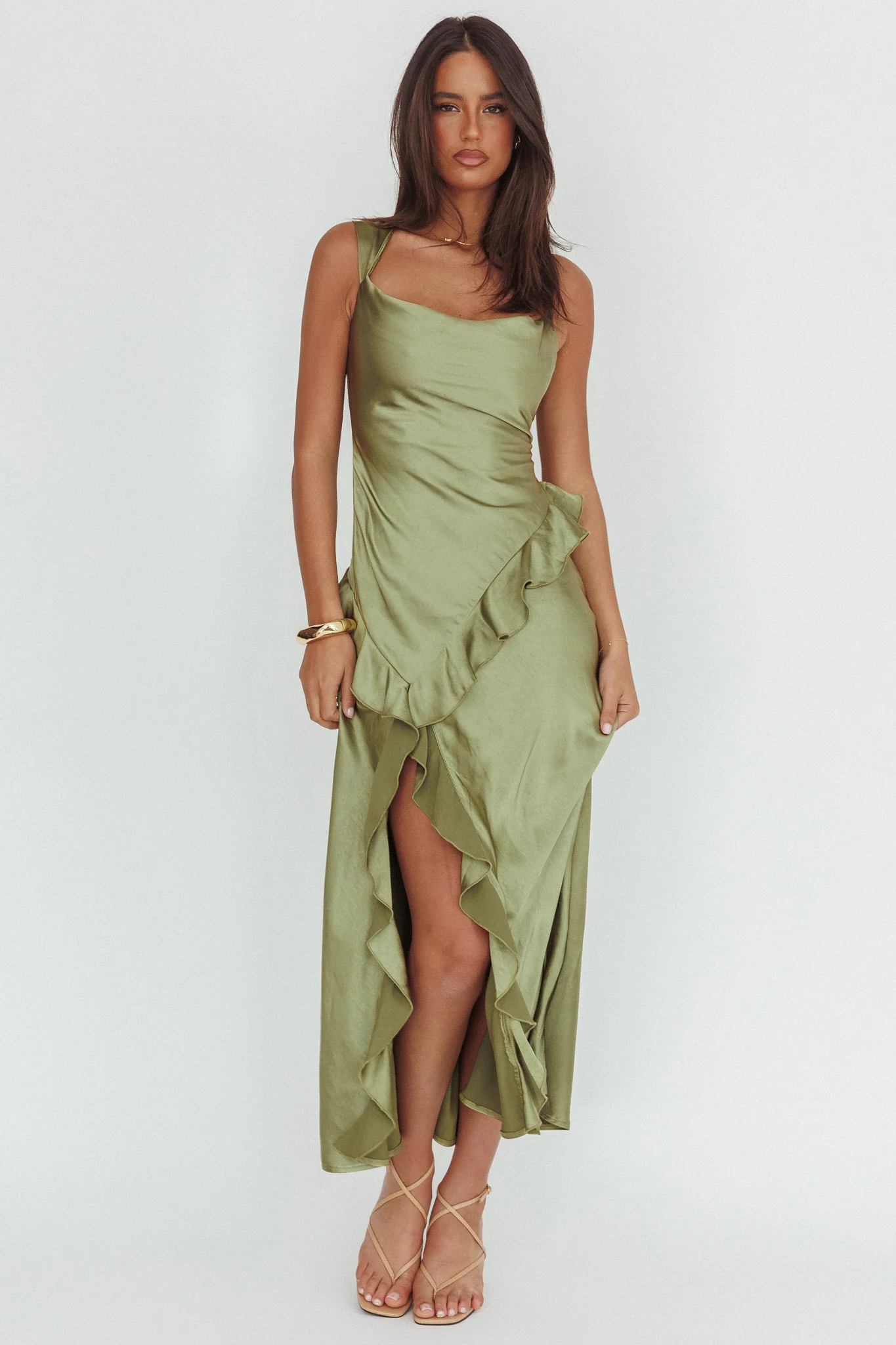 Sunshine Eternity Asymmetric Neckline Ruffle Maxi Dress Olive