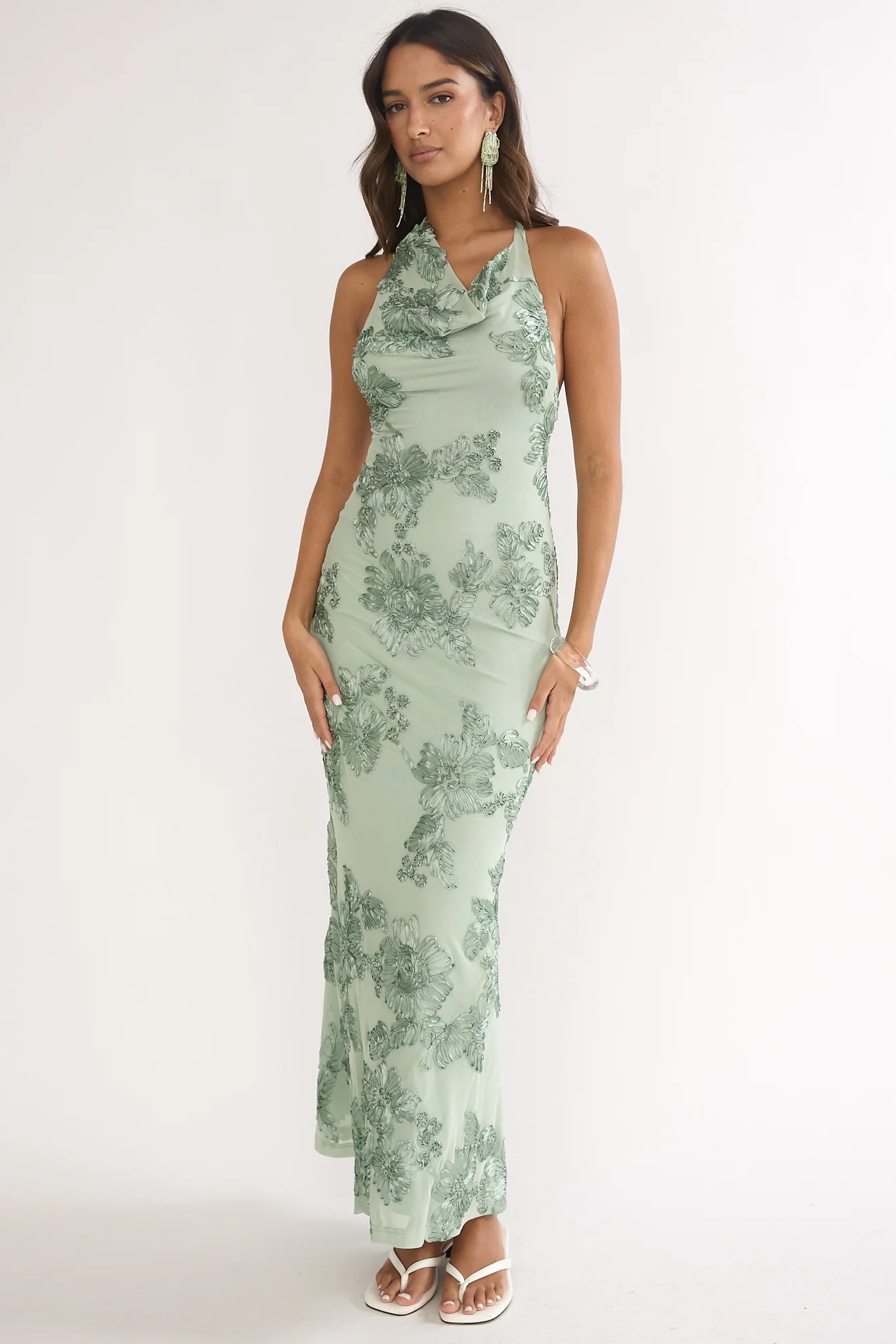 Kirralee Asymmetric Halterneck Embellished Maxi Dress Aqua Green