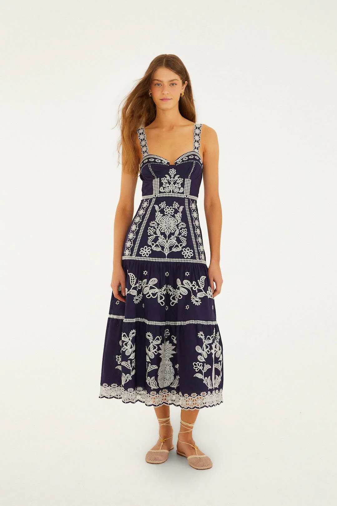 Blue Richelieu Embroidered  Midi Dress