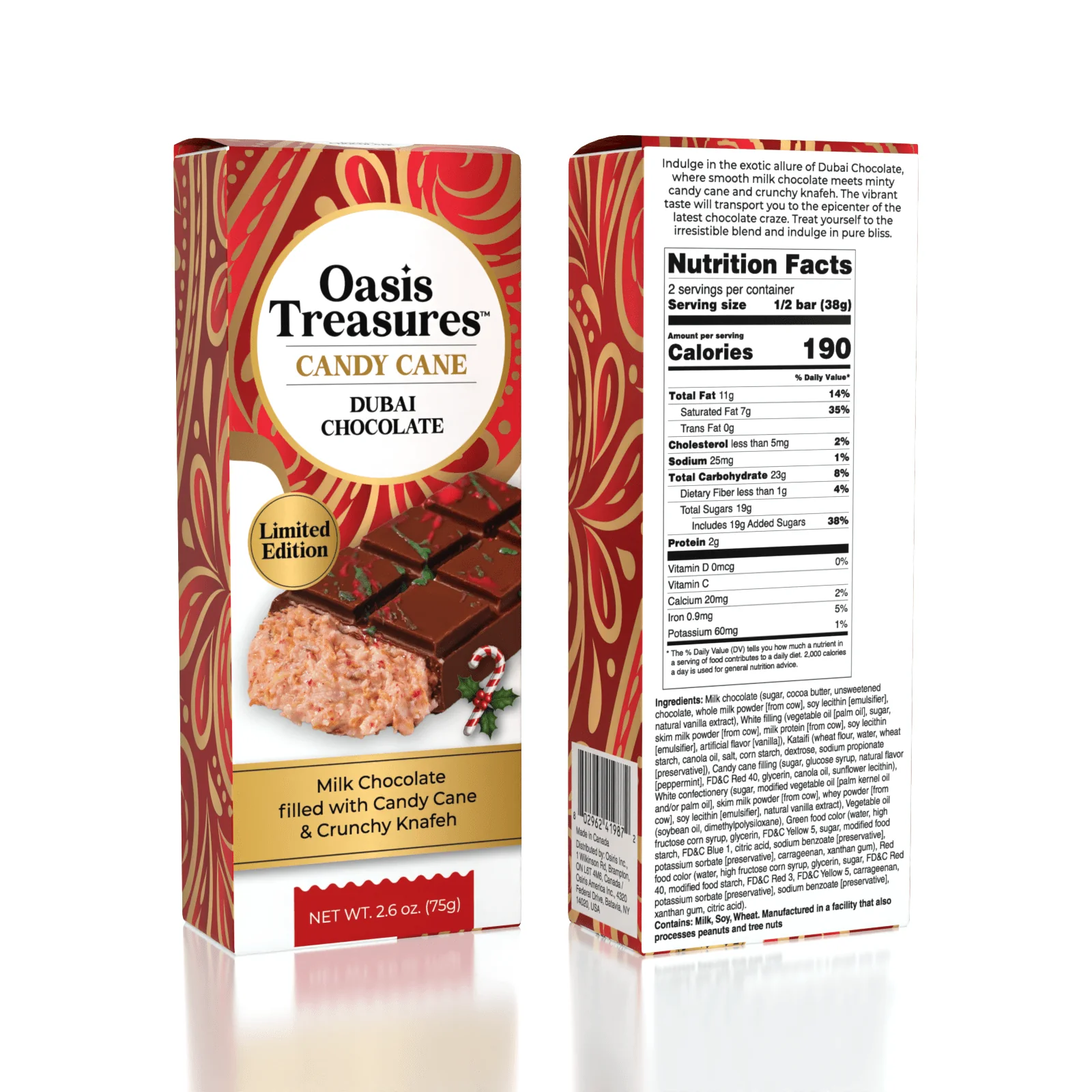 Dubai Chocolate Bar Limited Edition Candy Cane by Oasis Treasures 75g (2.65oz)