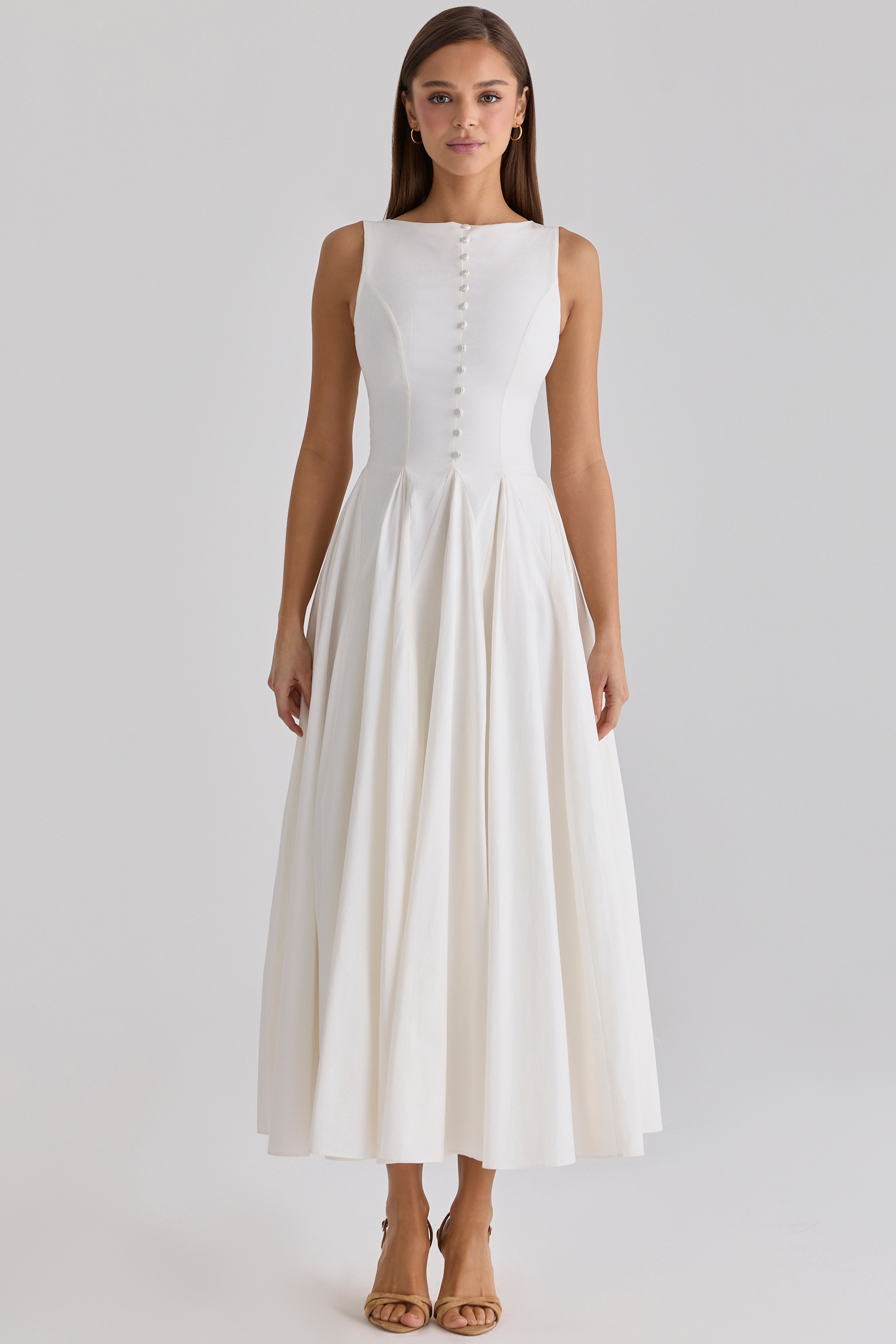 White Boat Neck Button Front Cotton Maxi Dress