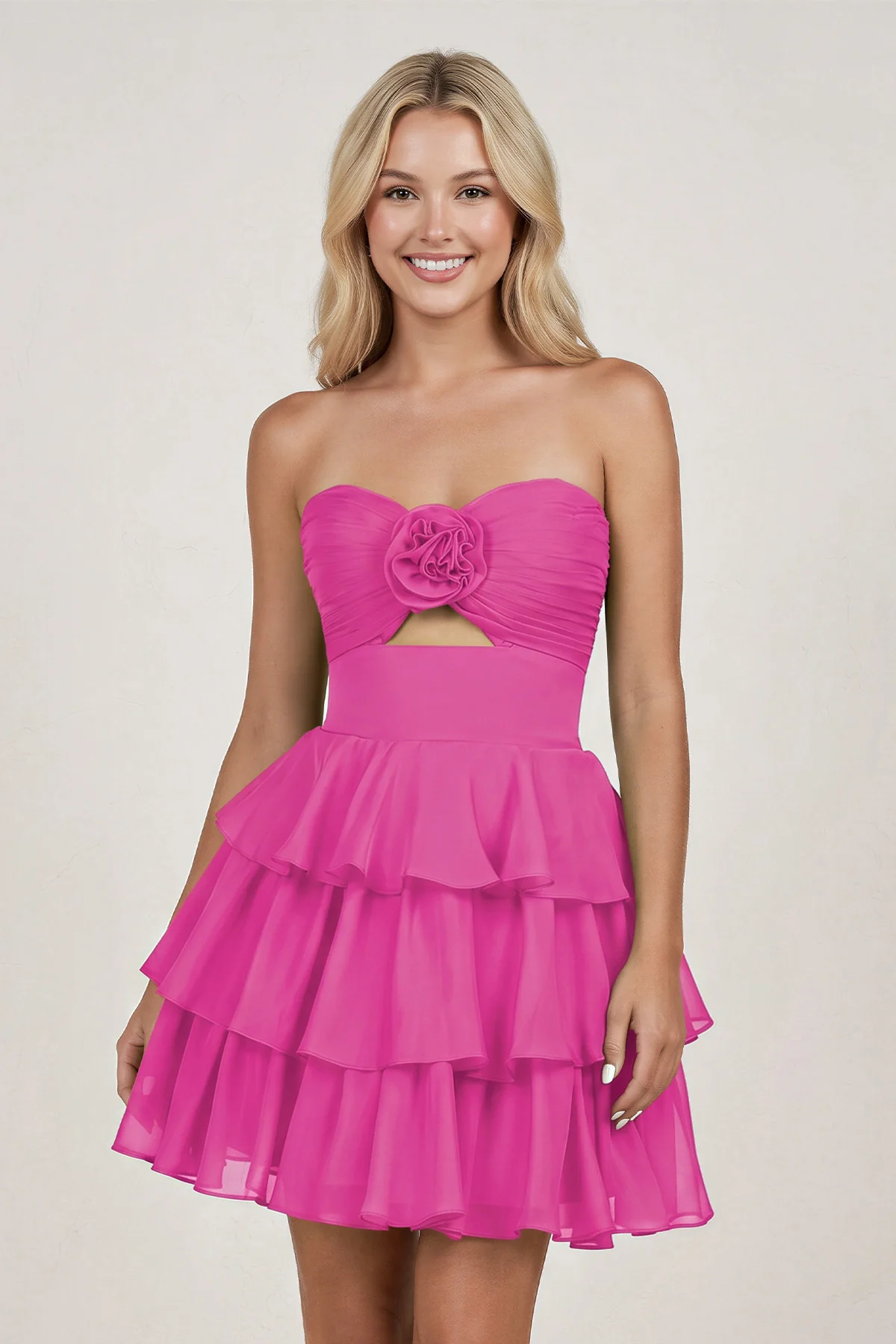 Fuchsia Strapless A Line Chiffon Ruffles Homecoming Dresses With Flower
