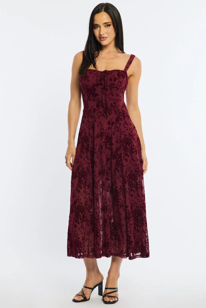 Red Midi Dress Ruched Bust