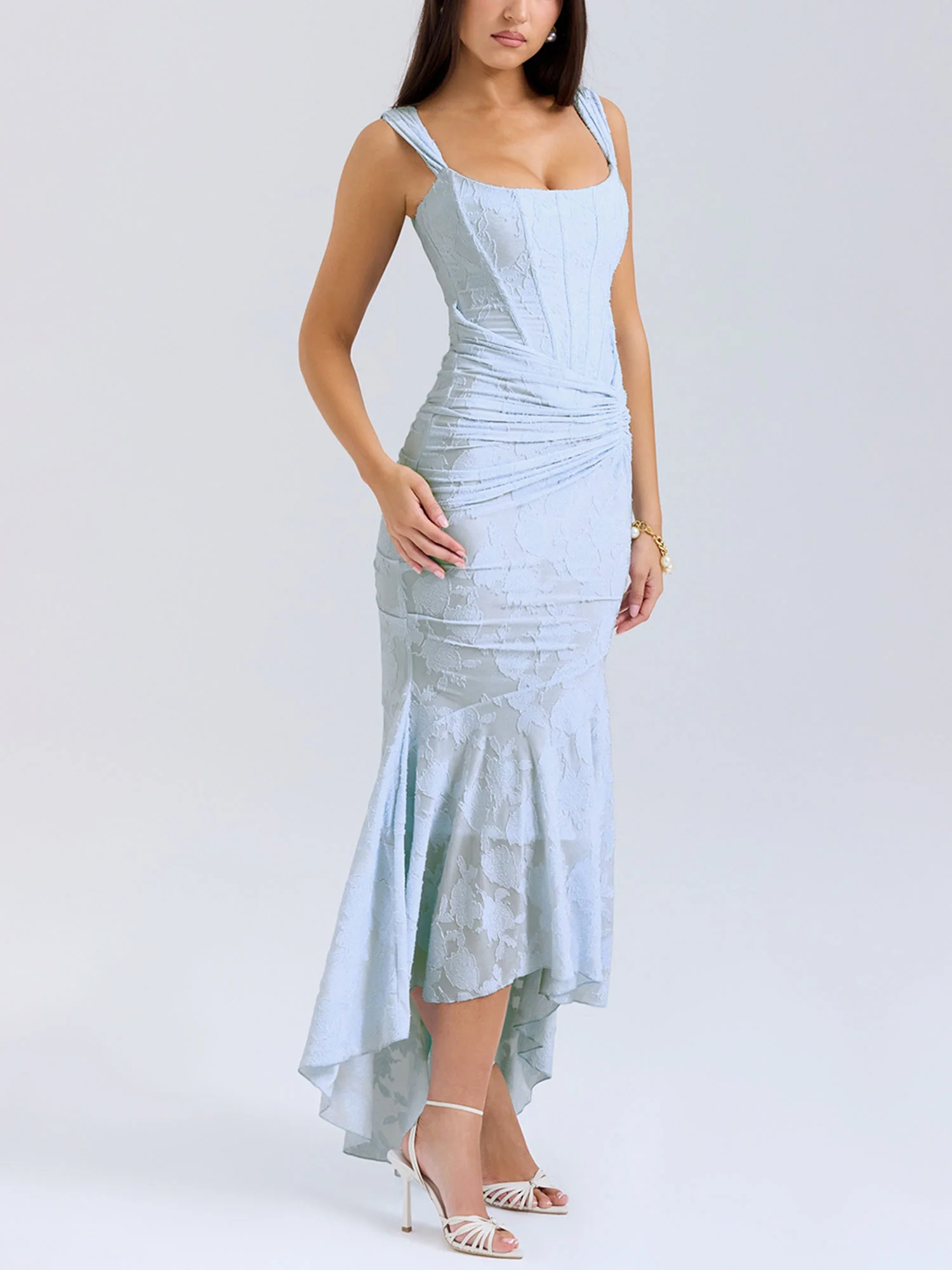 Blue Textured Asymmetrical Midi Dress