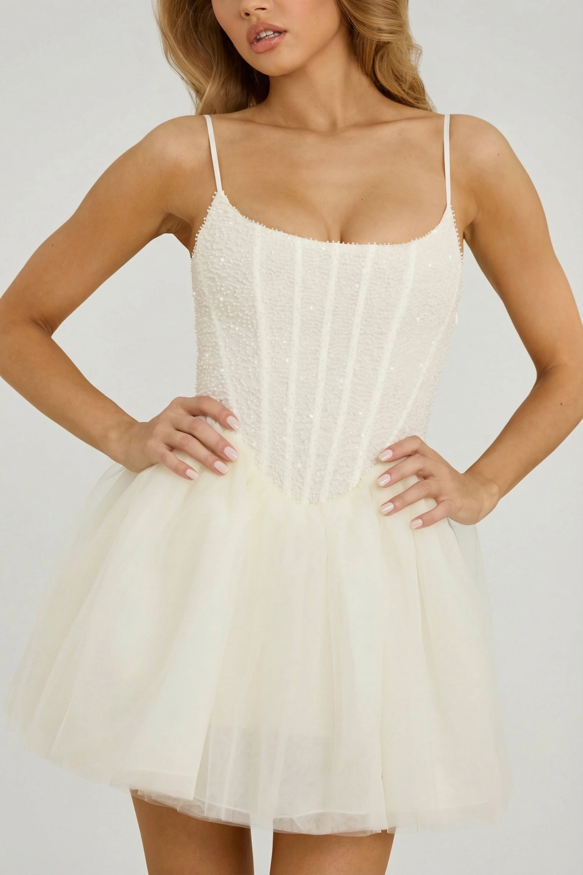 Embellished Corset Tulle Skirt Mini Dress in White